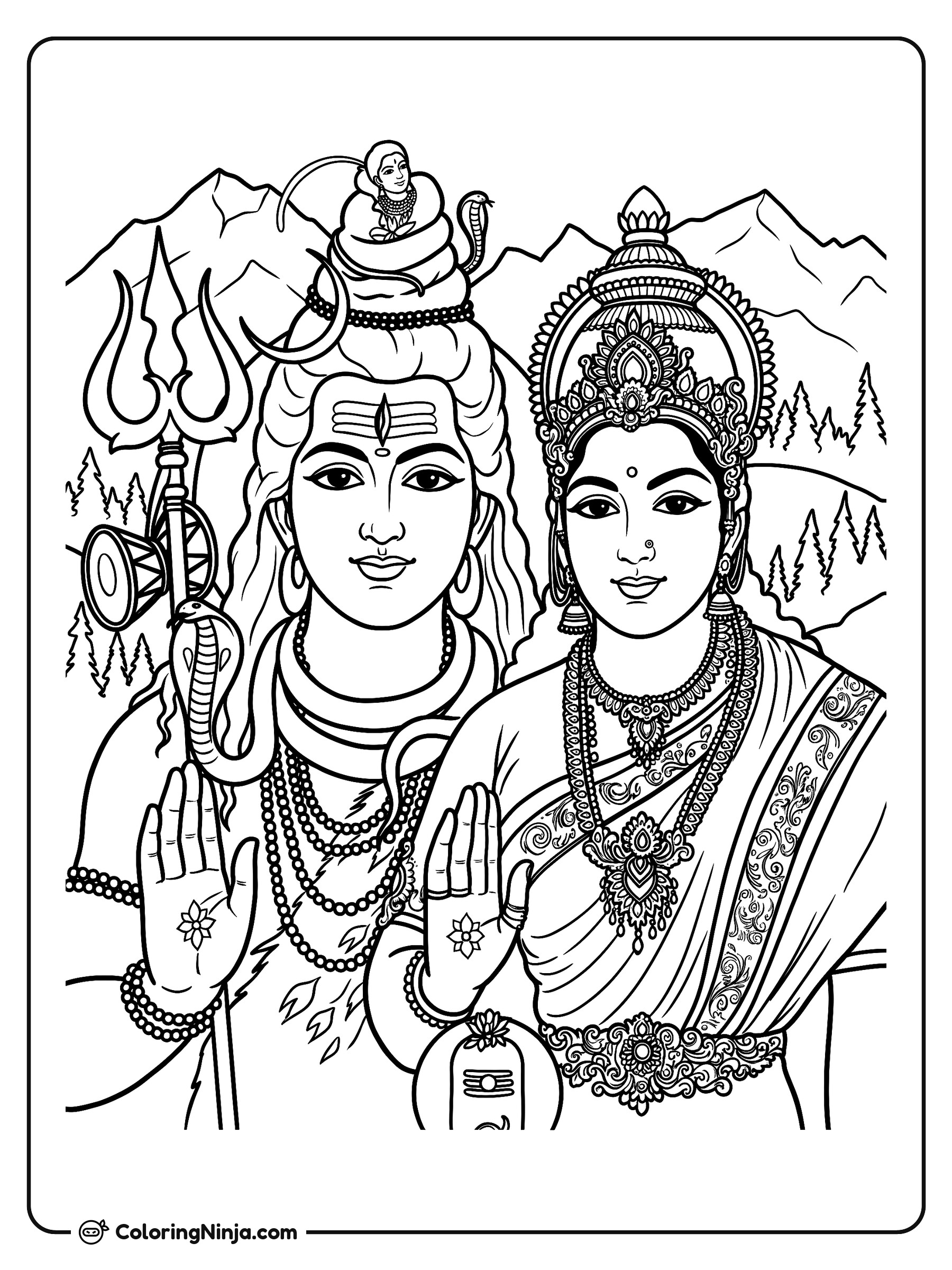 El Señor Shiva y la Diosa Parvati: dibujo para colorear