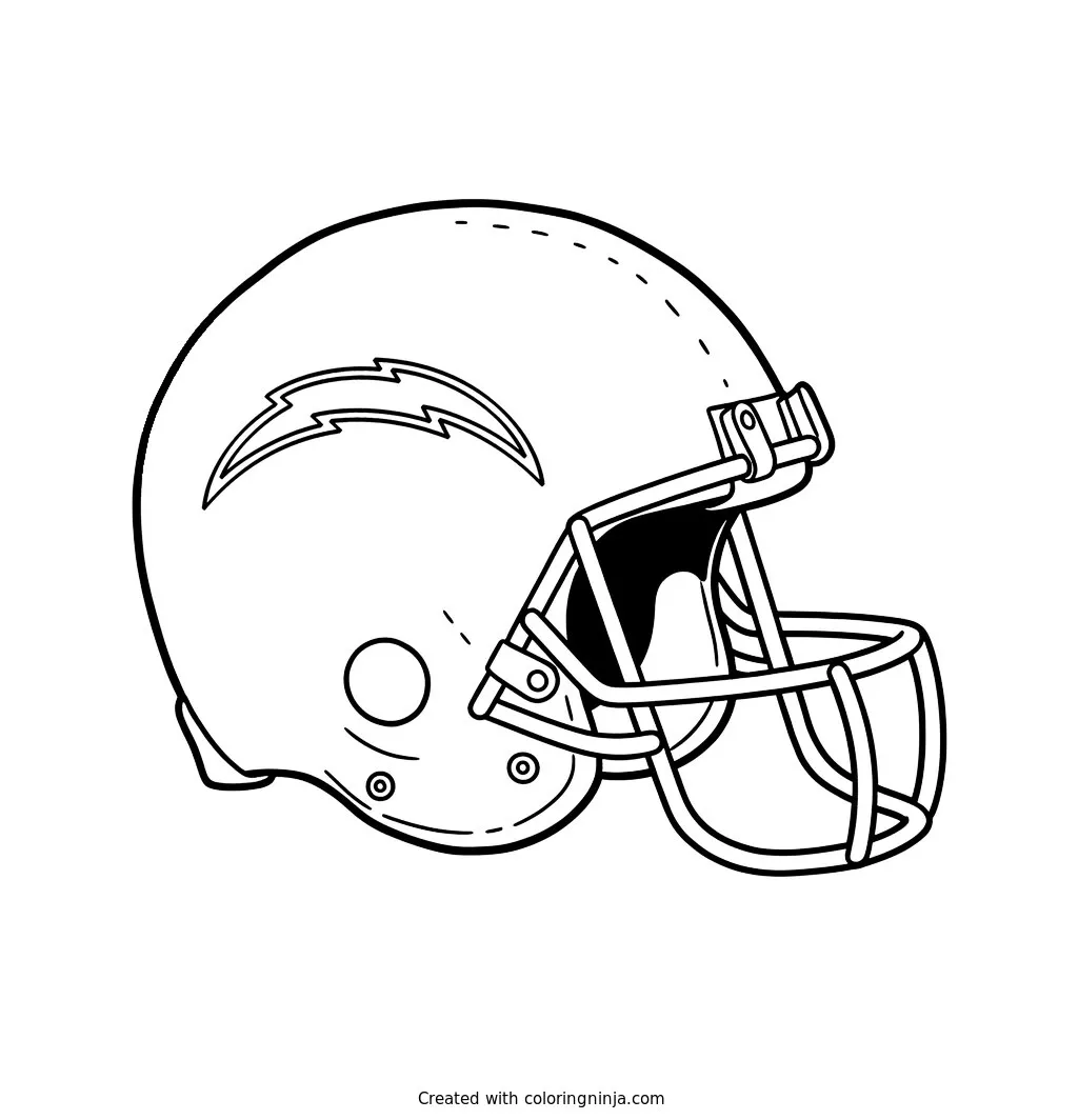 Casco de los Los Angeles Chargers, dibujo para colorear: Una vista lateral muestra el casco de fútbol americano de los Los Angeles Chargers con su distintivo rayo grabado en el costado.