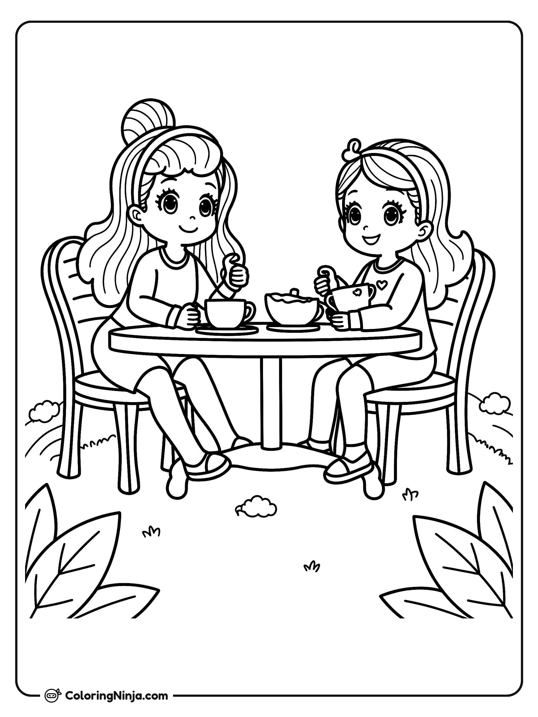 Dos niñas tiernas tomando el té, dibujo para colorear: Dos lindas niñas están sentadas juntas en una mesa redonda de jardín disfrutando de la hora del té al aire libre.