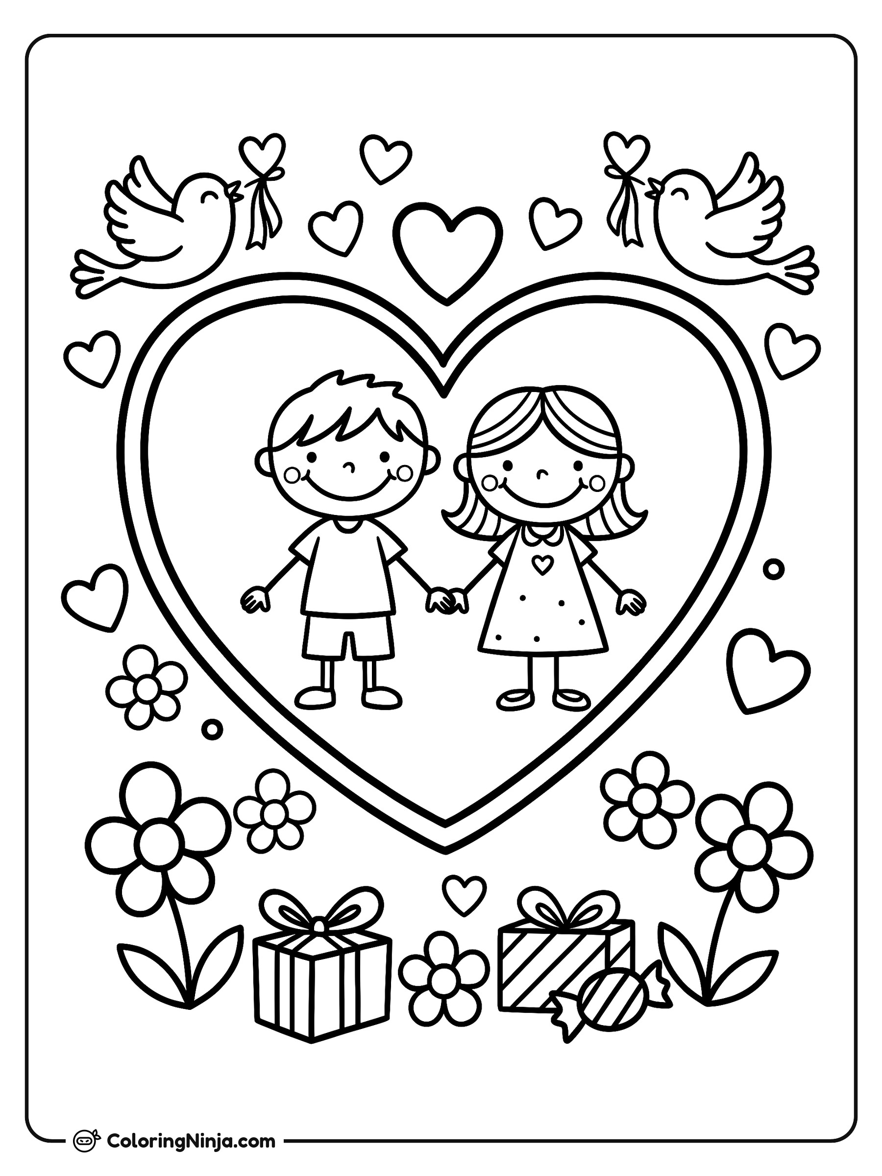 Niños enamorados de San Valentín: dibujo para colorear