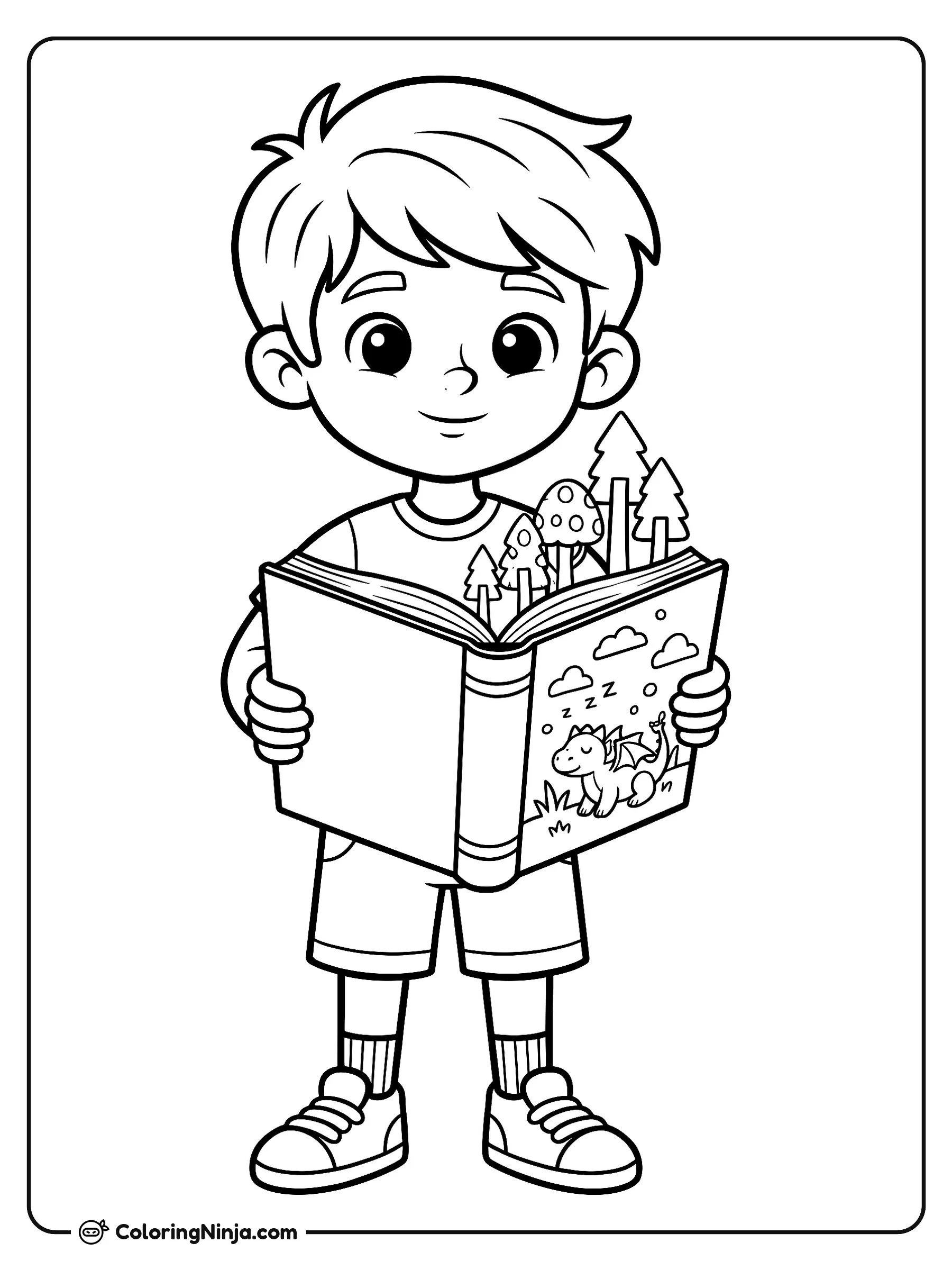 Niño tierno leyendo libro en relieve, dibujo para colorear: Un niño pequeño sostiene un gran libro desplegable del que sobresalen arbolitos y hongos mágicos. En la portada se puede ver un adorable dragón durmiendo plácidamente.