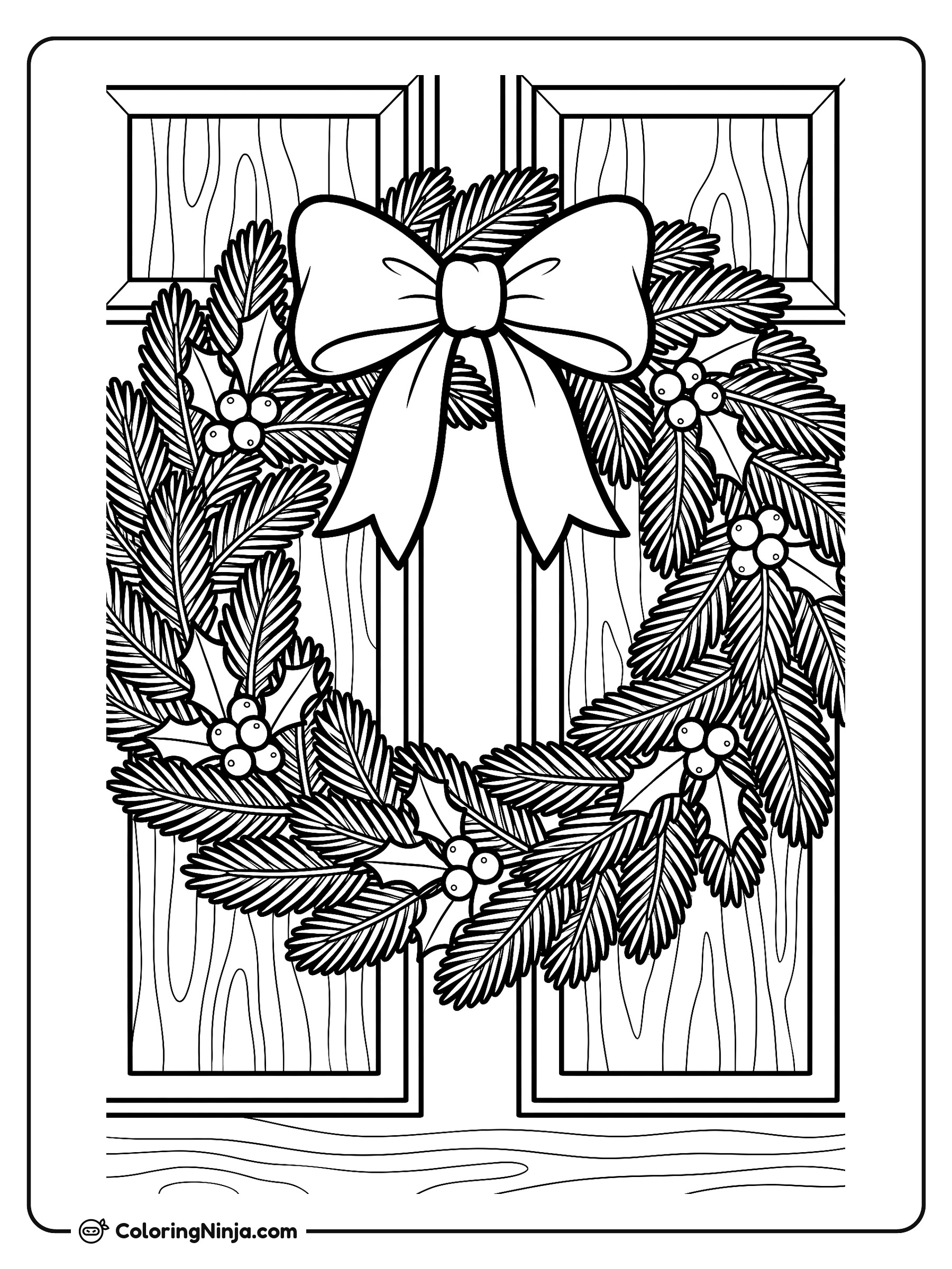 Corona navideña en la puerta principal: dibujo para colorear