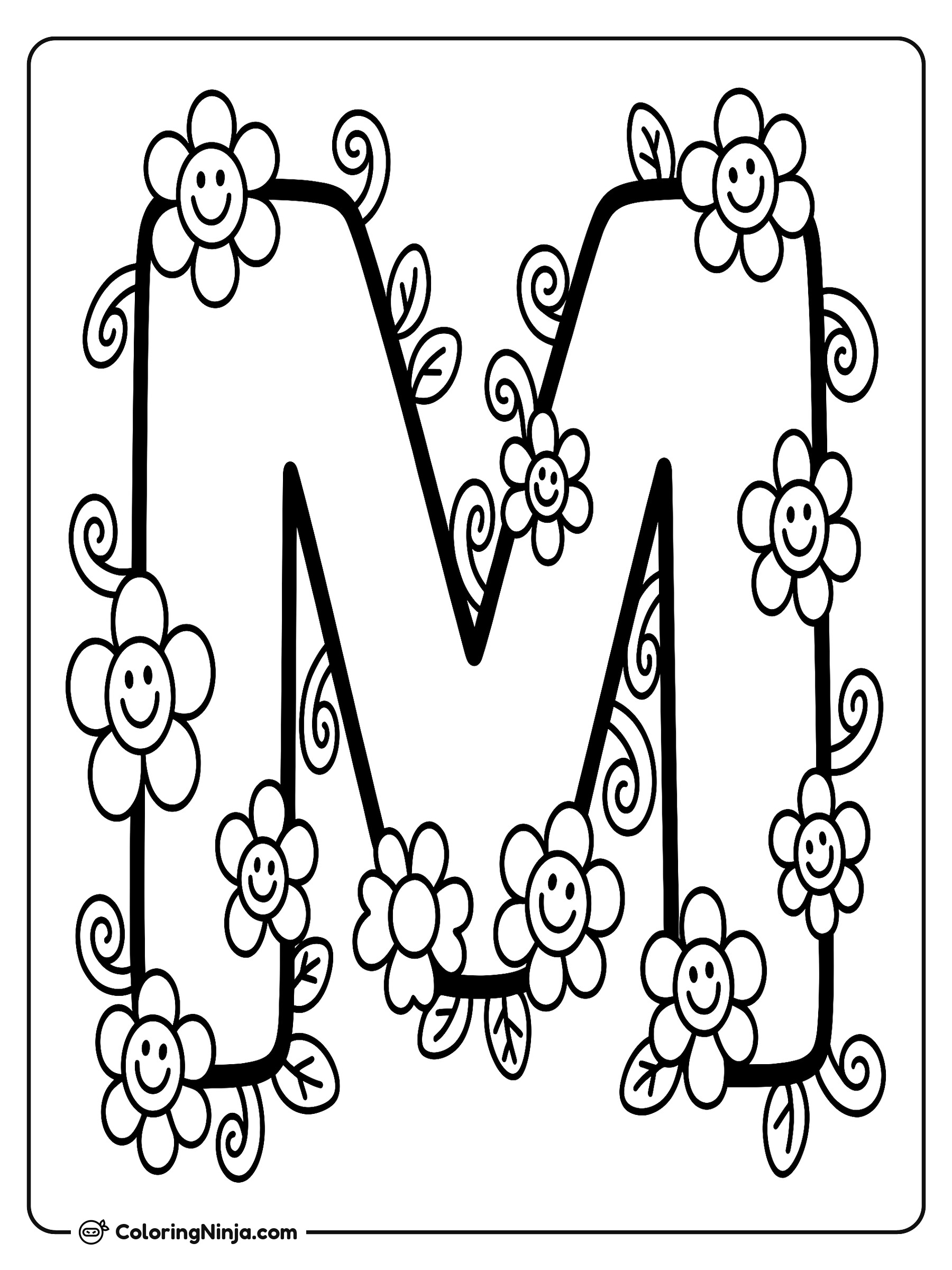 Letra M con flores sonrientes: dibujo para colorear