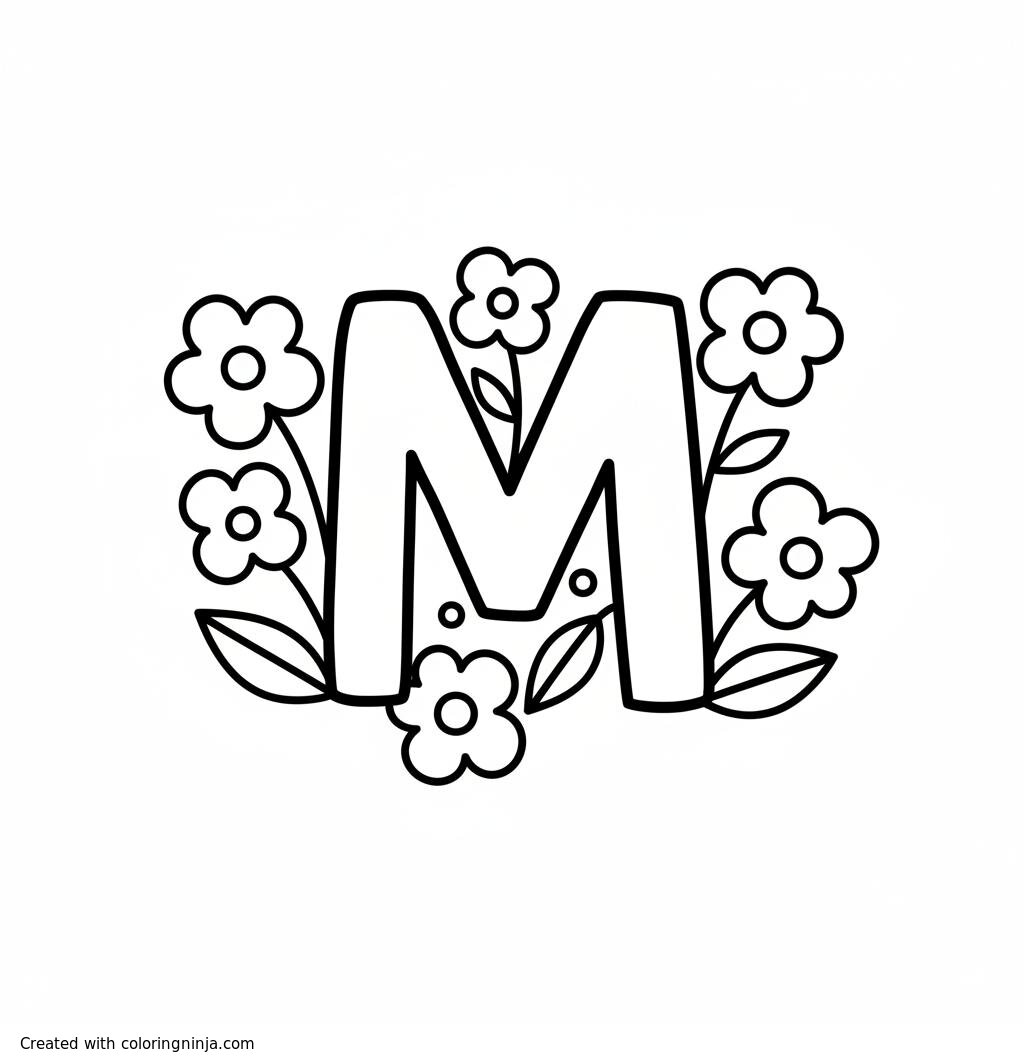 A coloring page of an 'm" with flowers around it