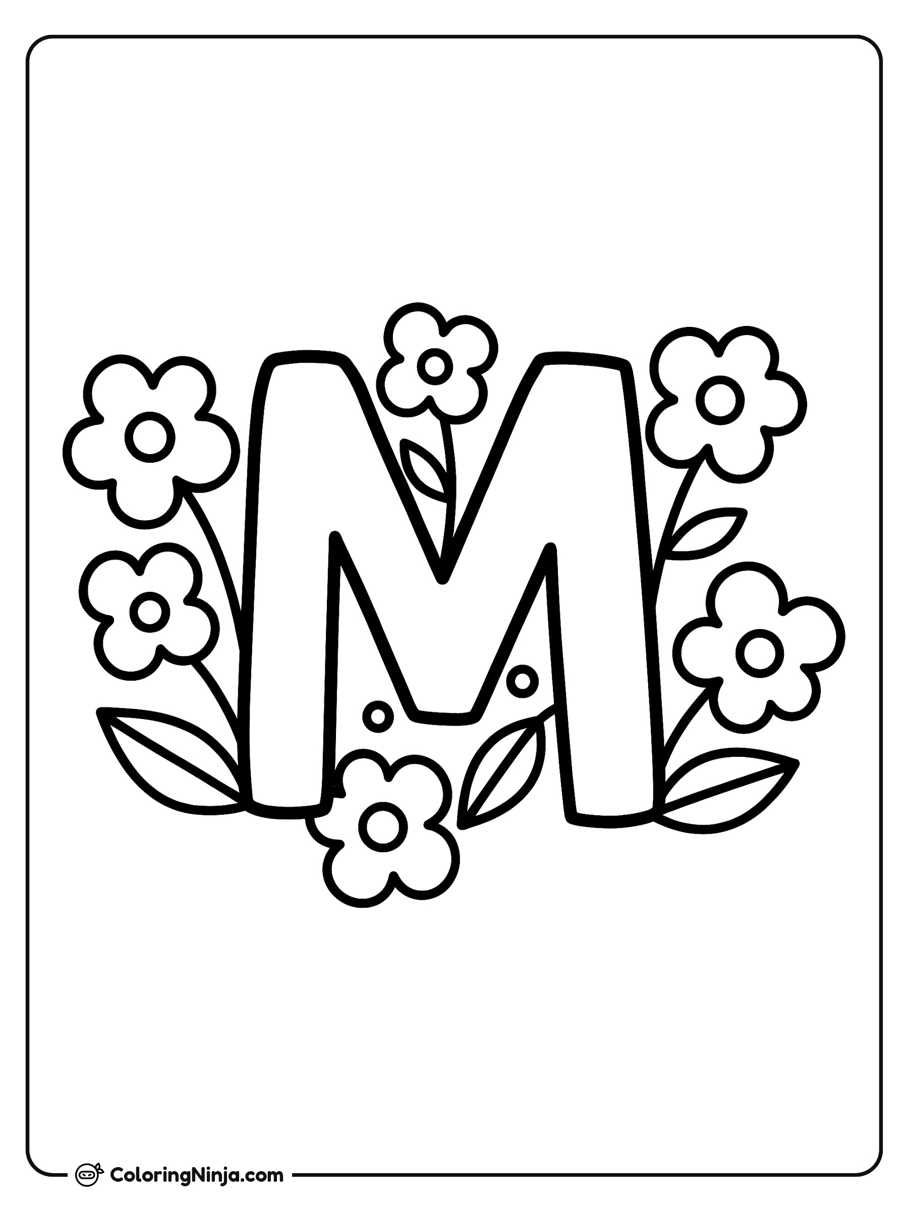 Letra M rodeada de flores: dibujo para colorear