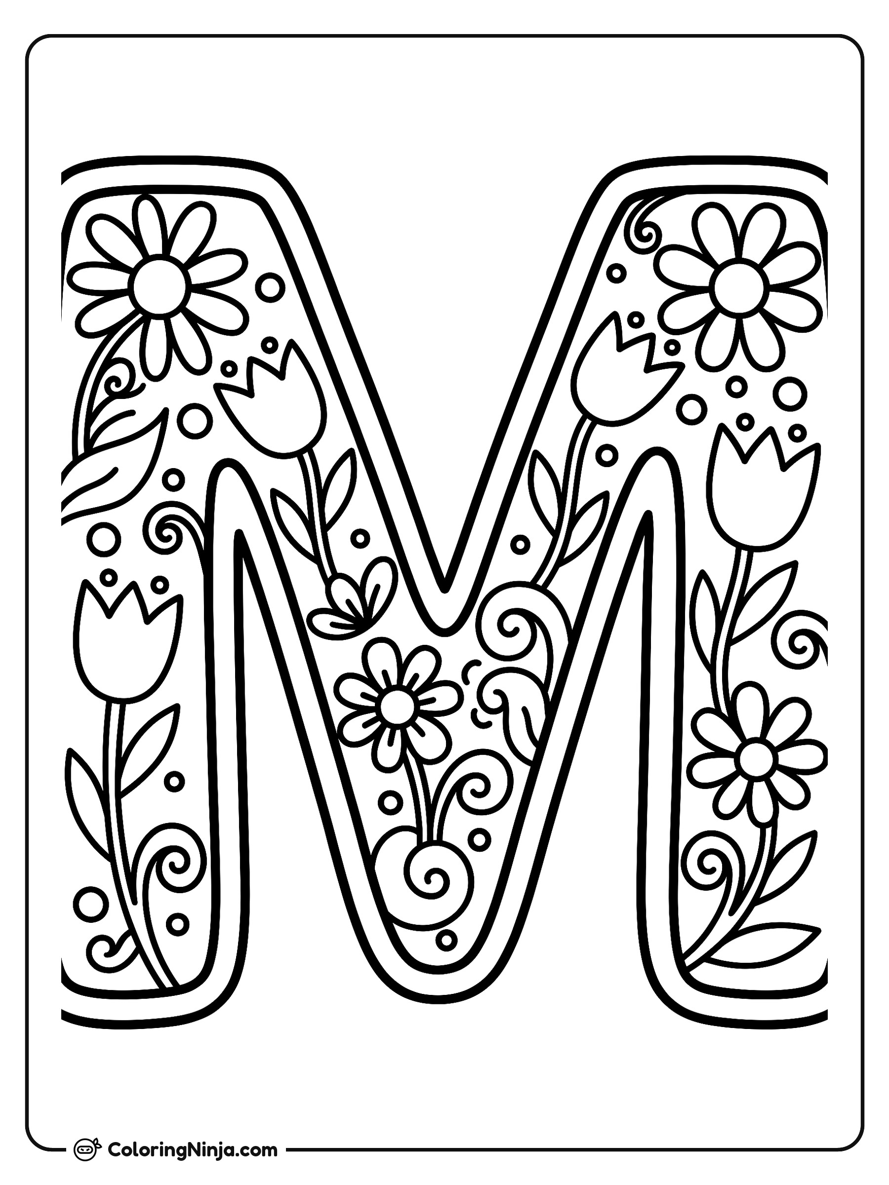 Letra M con flores: dibujo para colorear