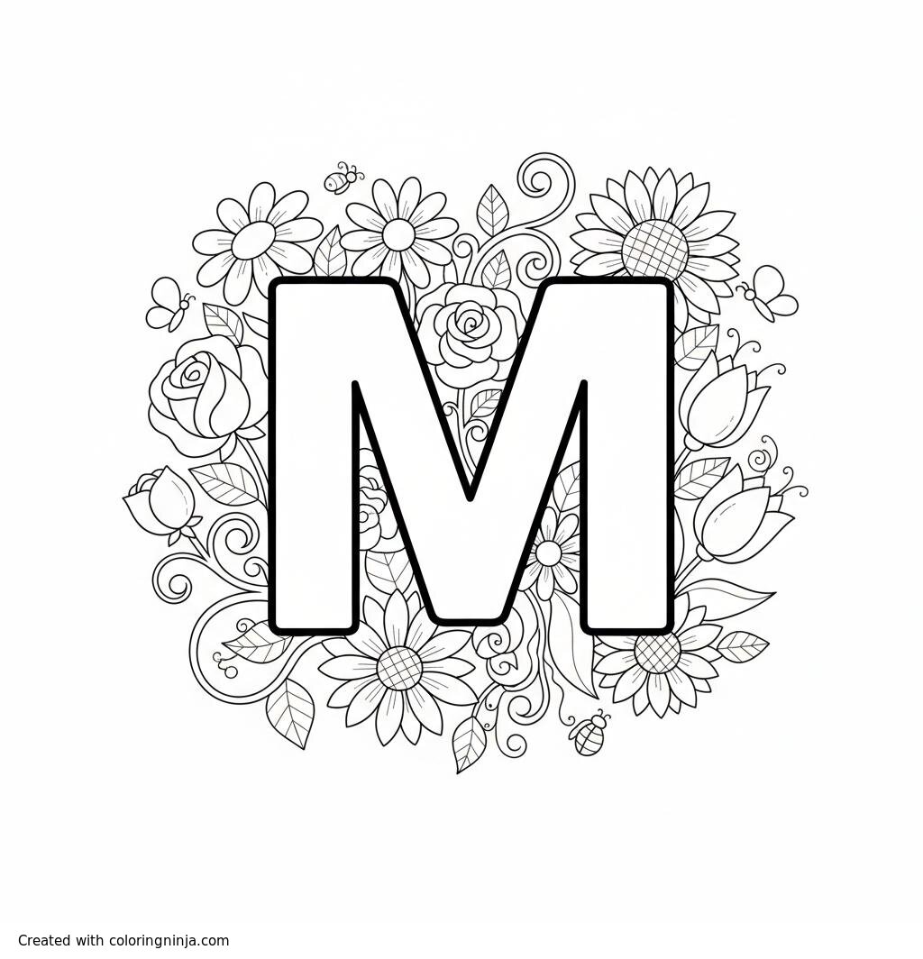 A coloring page of an "M" with realistic flowers around it
