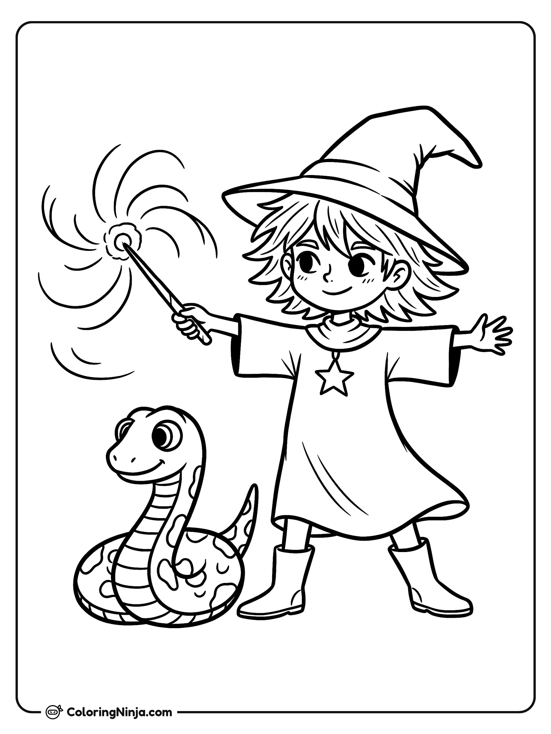 Niño mago encantando a una serpiente, dibujo para colorear: Un niño mago con sombrero de brujo y túnica lanza un hechizo con su varita mágica mientras una serpiente sonriente lo observa.