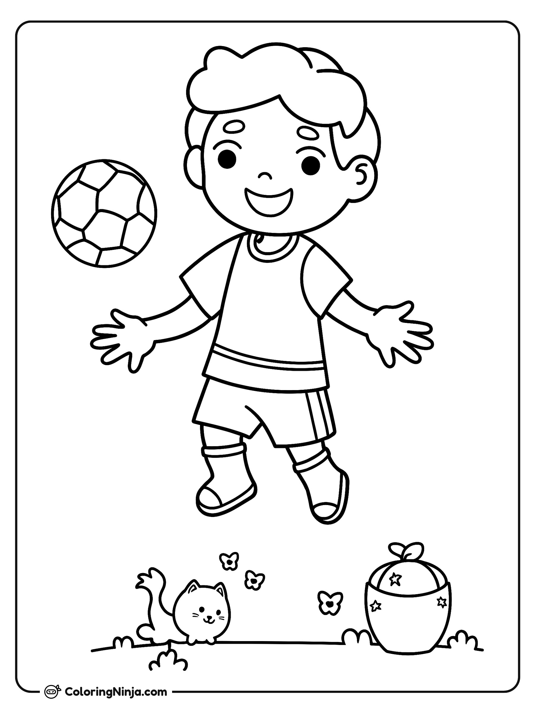 Niño tierno jugando fútbol al aire libre: dibujo para colorear