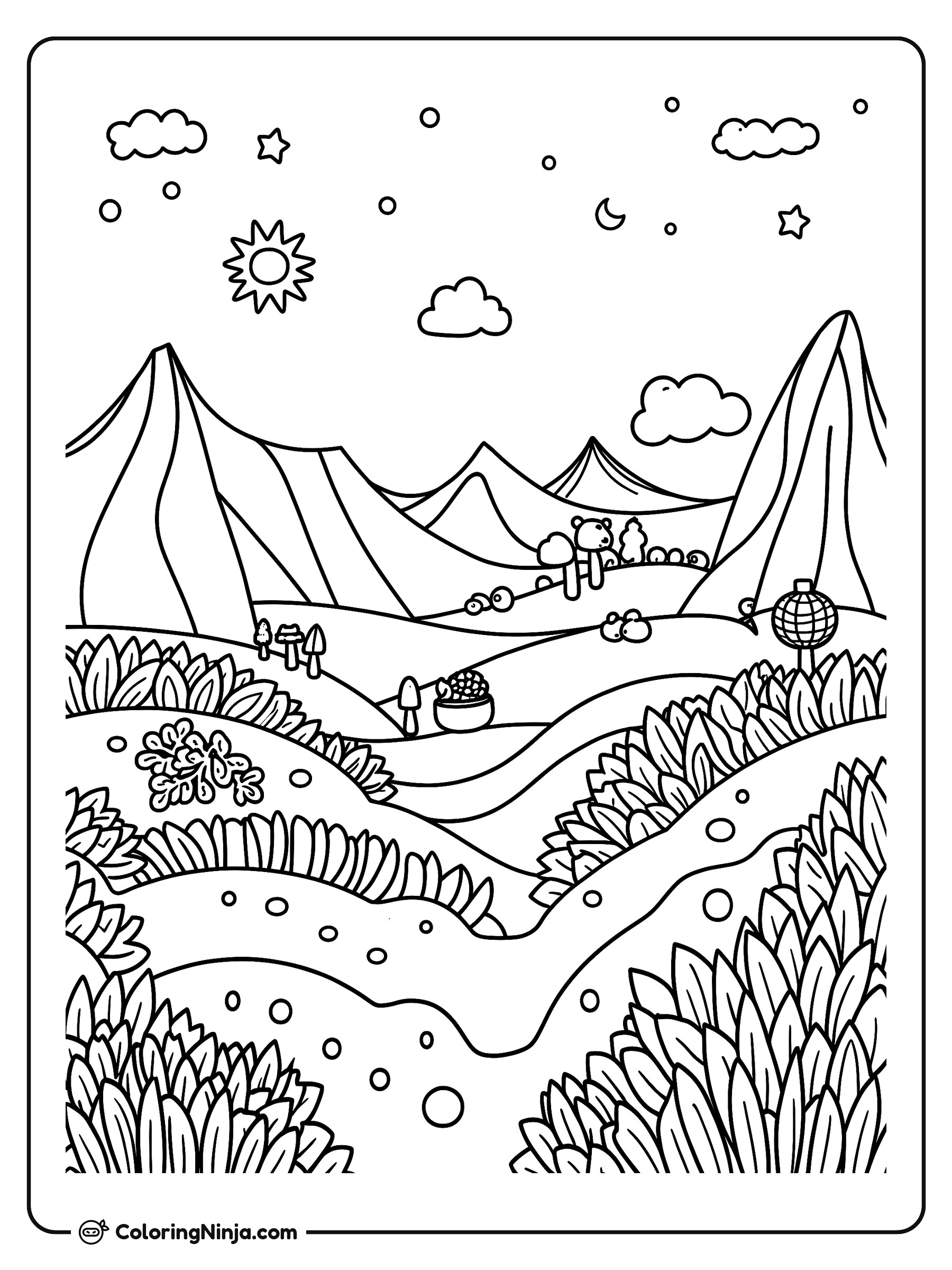 Paisajes mágicos con montañas y colinas: dibujo para colorear