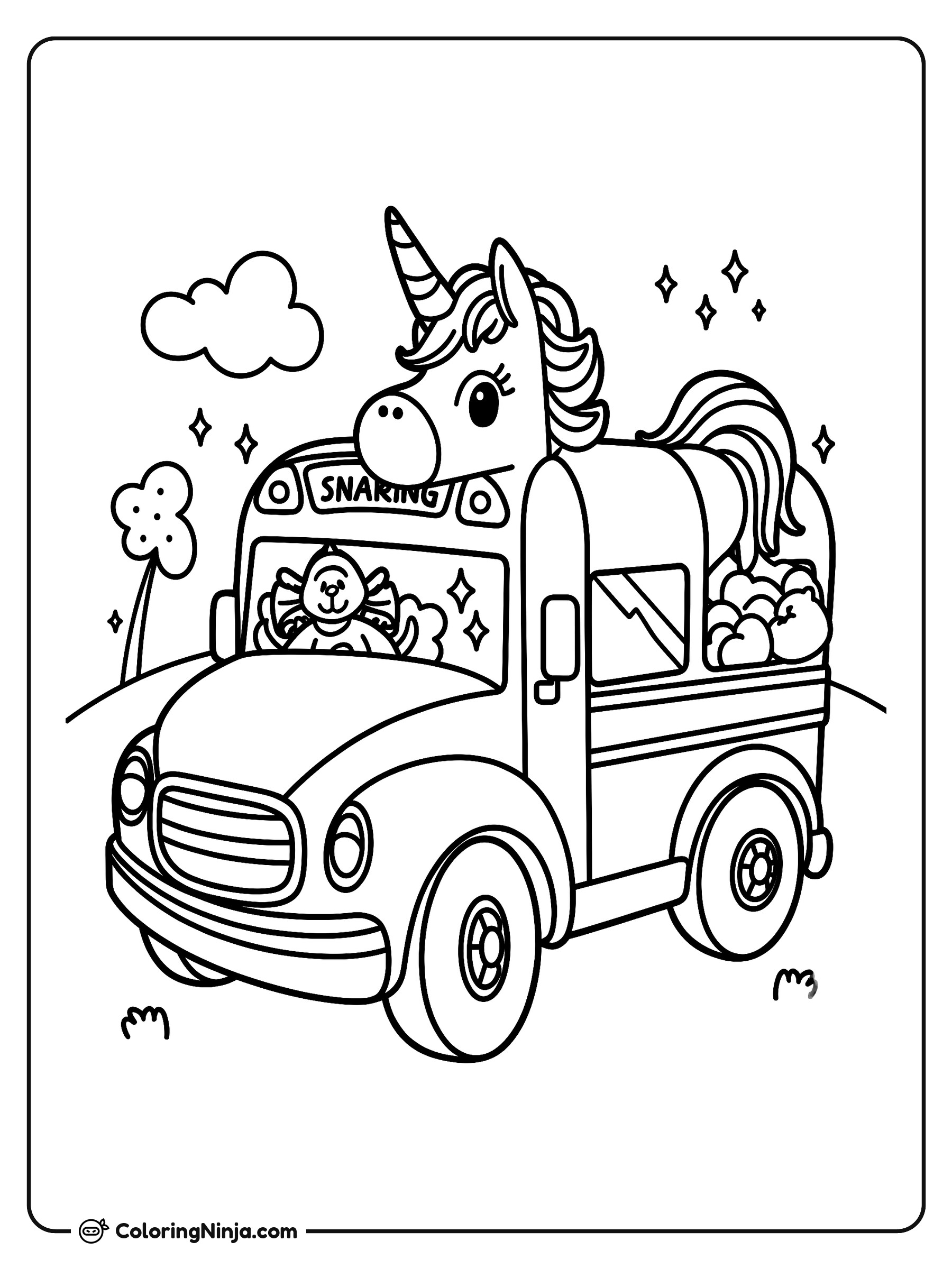 Un unicornio mágico manejando un autobús escolar: dibujo para colorear