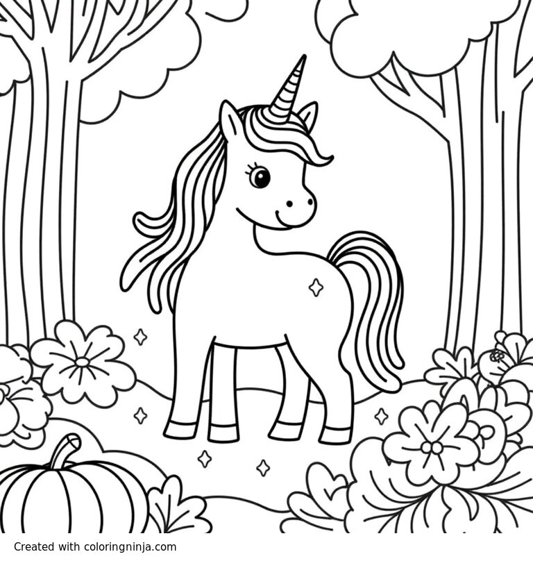 A coloring page of a magical unicorn in an enchantest forest