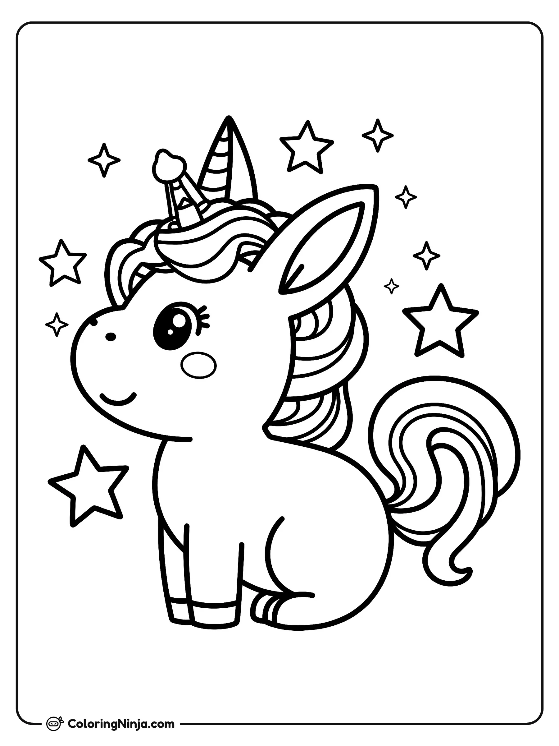 Lindo unicornio mágico con estrellas, dibujo para colorear: Un tierno unicornio mágico está sentado sonriendo alegremente mientras flotan varias estrellas a su alrededor.