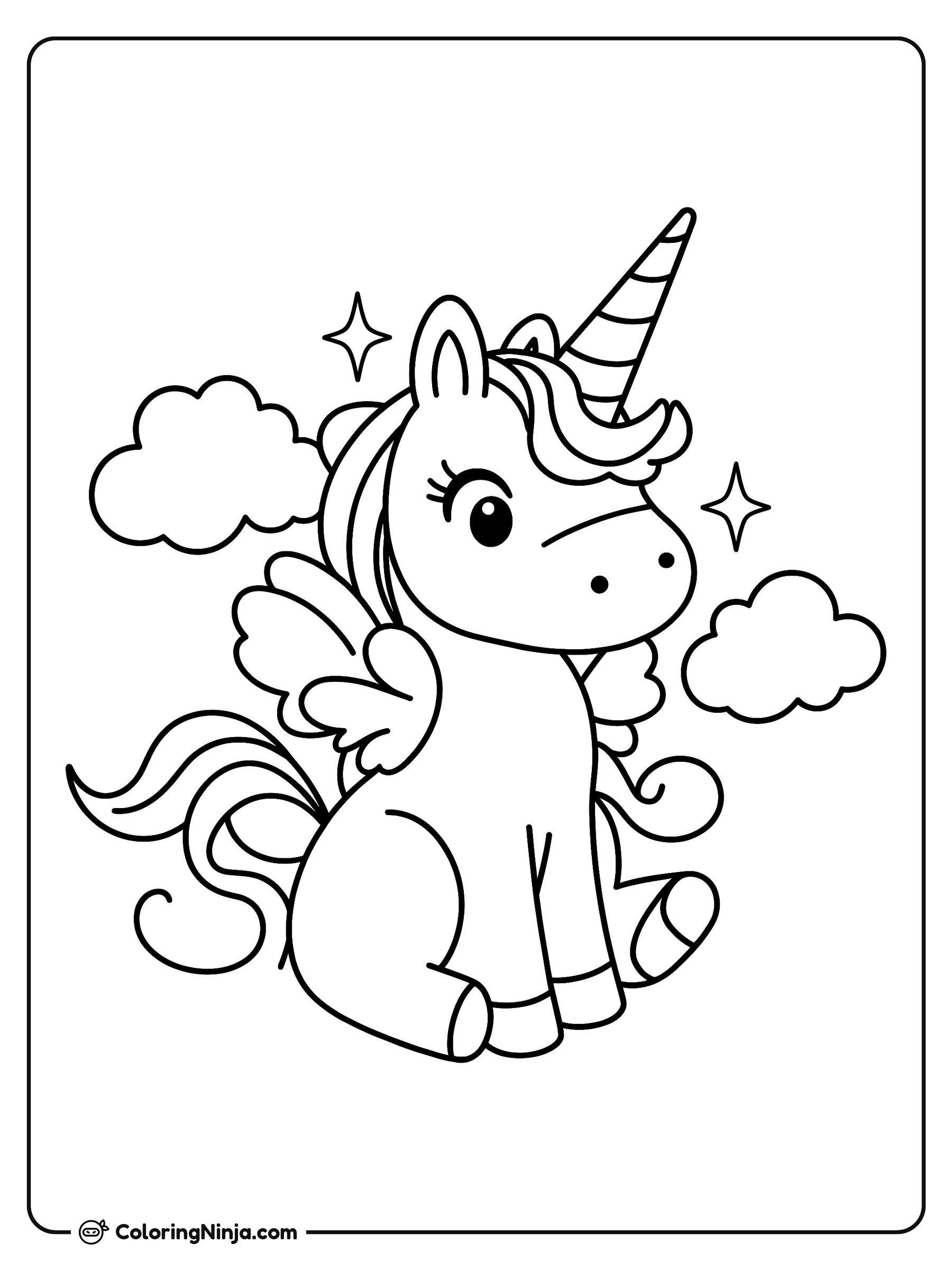 Un unicornio mágico entre las nubes: dibujo para colorear