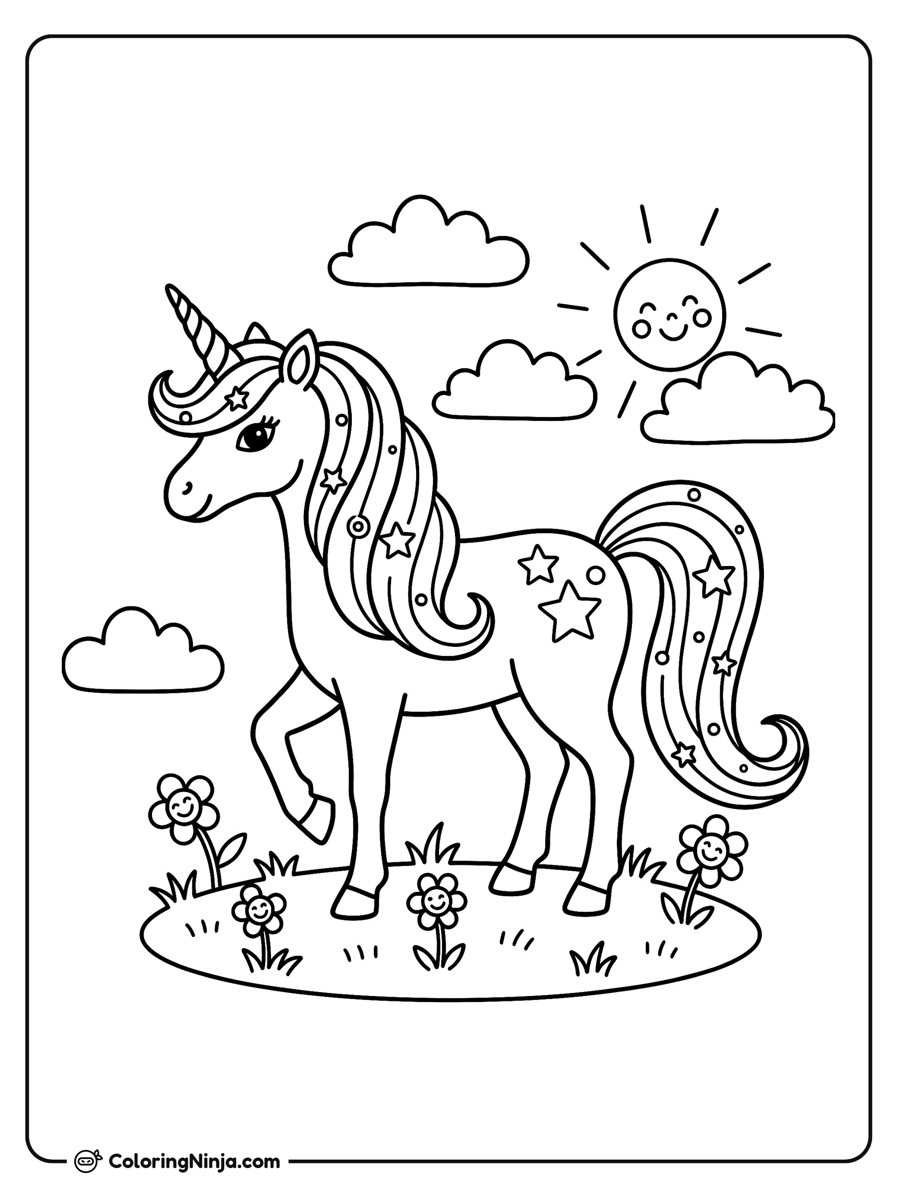 Un unicornio mágico entre flores: dibujo para colorear