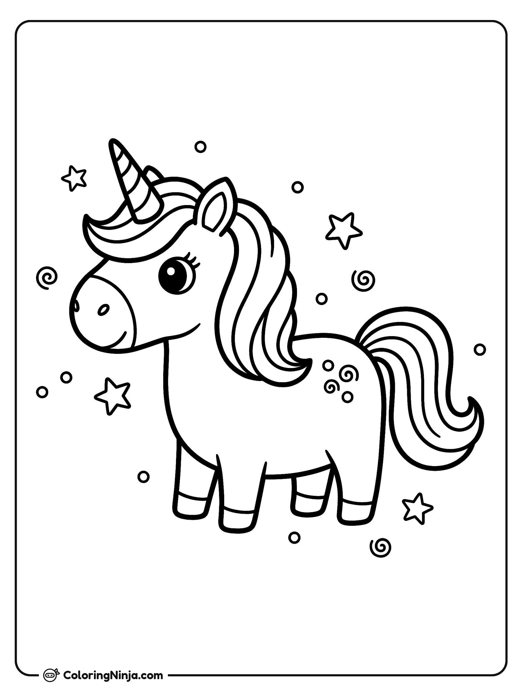 Unicornio mágico rodeado de estrellas, dibujo para colorear: Un adorable unicornio posa alegremente con su cuerno a rayas, su melena abundante y una cola con ondas. A su alrededor flotan estrellas mágicas, pequeñas burbujas y espirales brillantes.