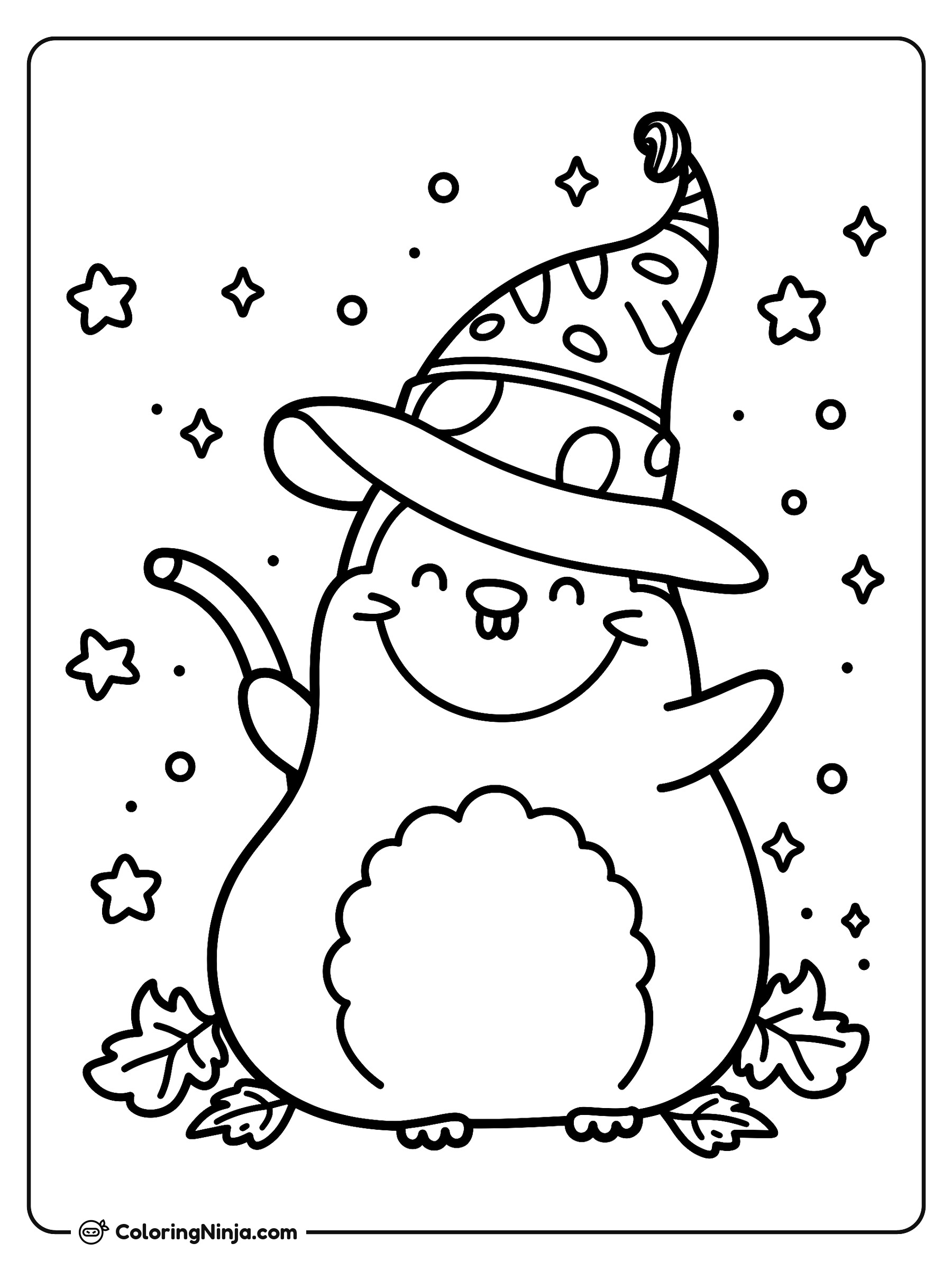 Lindo pingüino mago rodeado de estrellas: dibujo para colorear