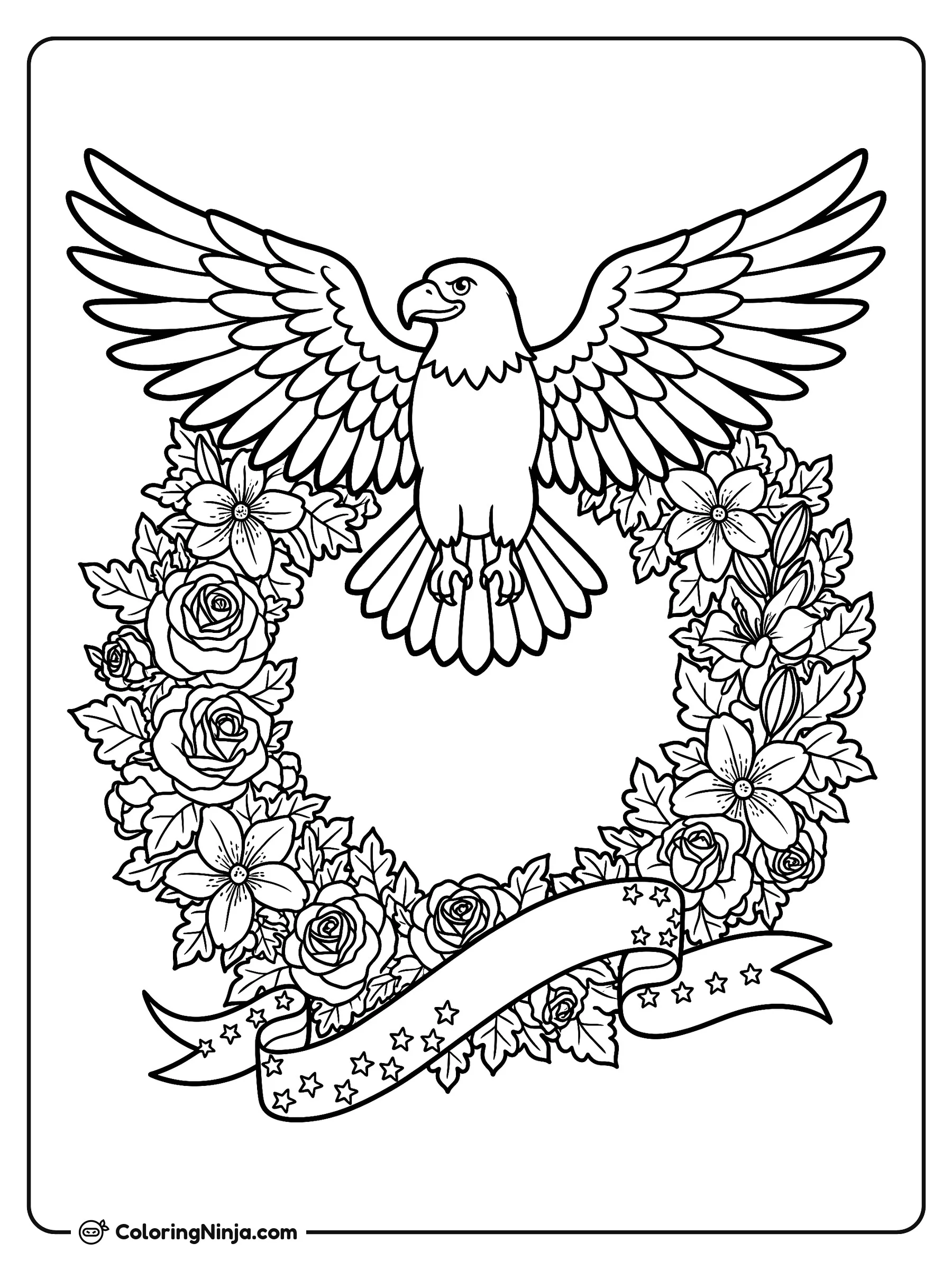 Tributo Conmemorativo con Águila Majestuosa, dibujo para colorear: Un águila majestuosa extiende sus alas sobre una gran corona floral llena de rosas, lirios y hojas. En la parte inferior, una pancarta decorada con estrellas adorna la composición.