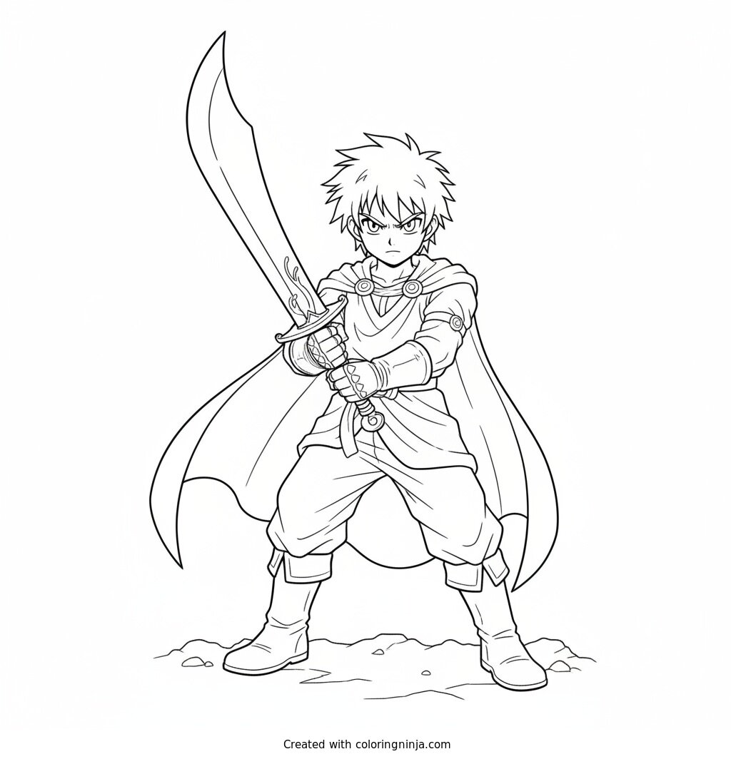 Coloring page of make  a image of an anime boy holding a sword 