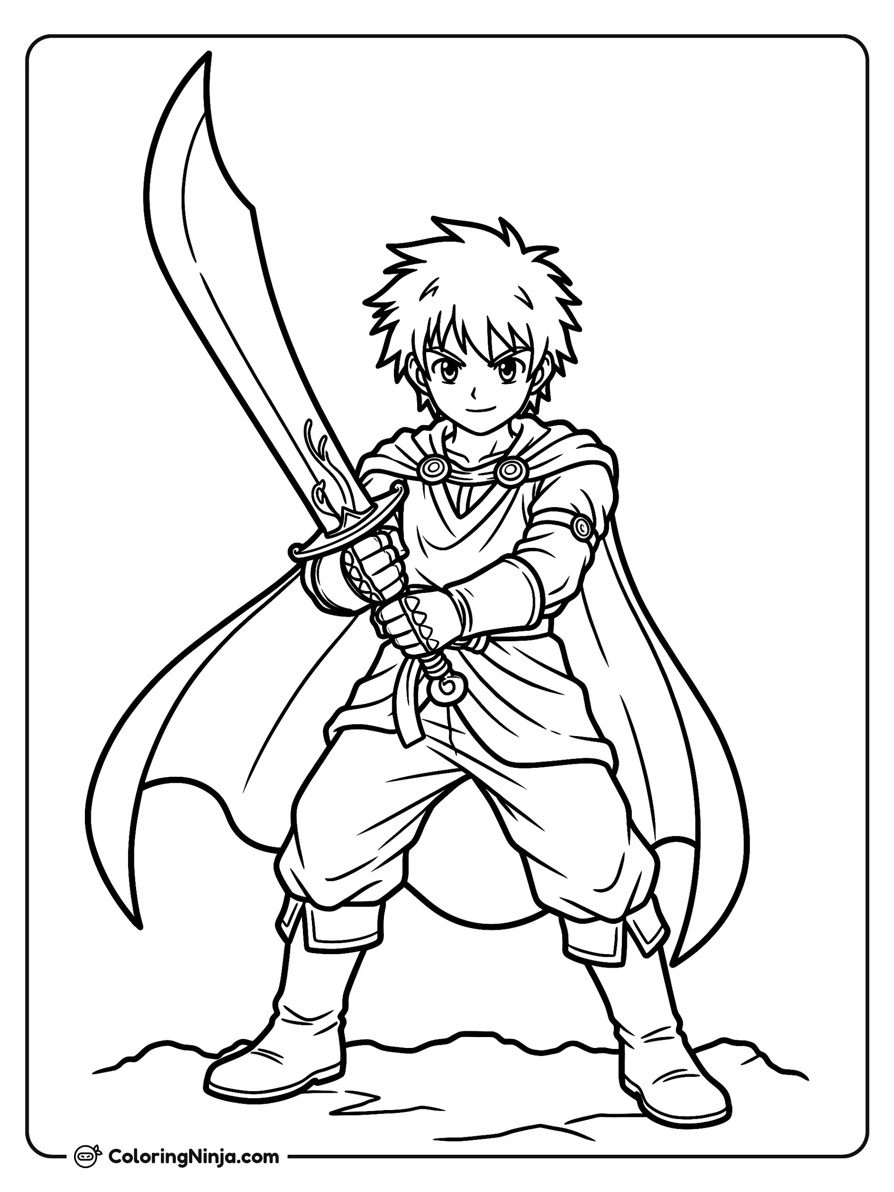 Joven héroe de anime con espada, dibujo para colorear: Un niño de estilo anime sostiene una gran espada sobre un suelo rocoso mientras su capa ondea hacia atrás. Viste una túnica, botas altas y una capa que le dan un aspecto heroico y decidido.