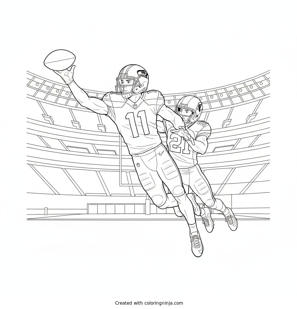Football Player Catching a Pass in a Packed Stadium Coloring Page