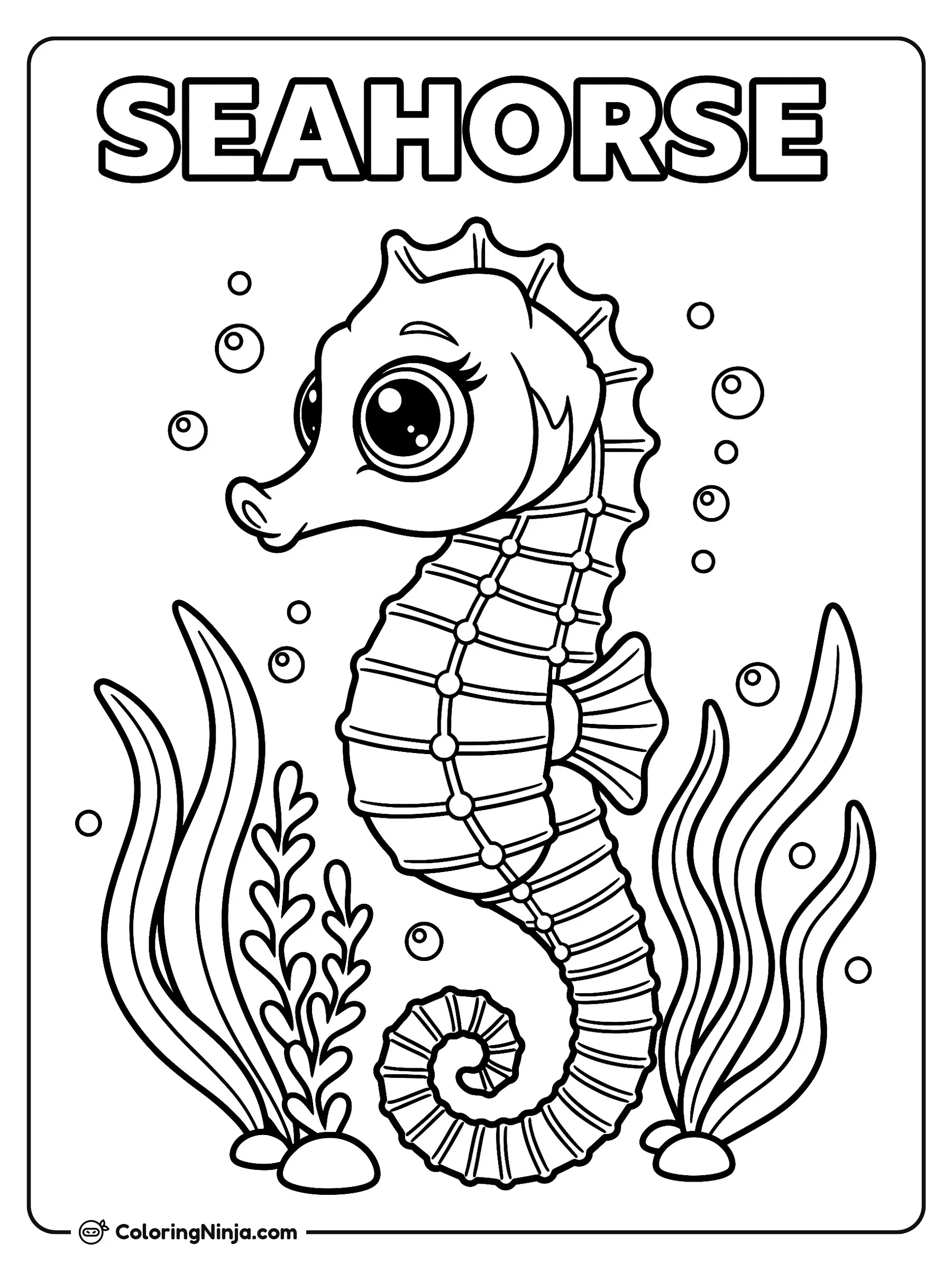 A Seahorse with Big Eyes Coloring Page: A seahorse with big eyes floats in an underwater scene surrounded by rising water bubbles. Long seaweed plants sprout from tiny rocks along the ocean floor on both sides of the sea creature.