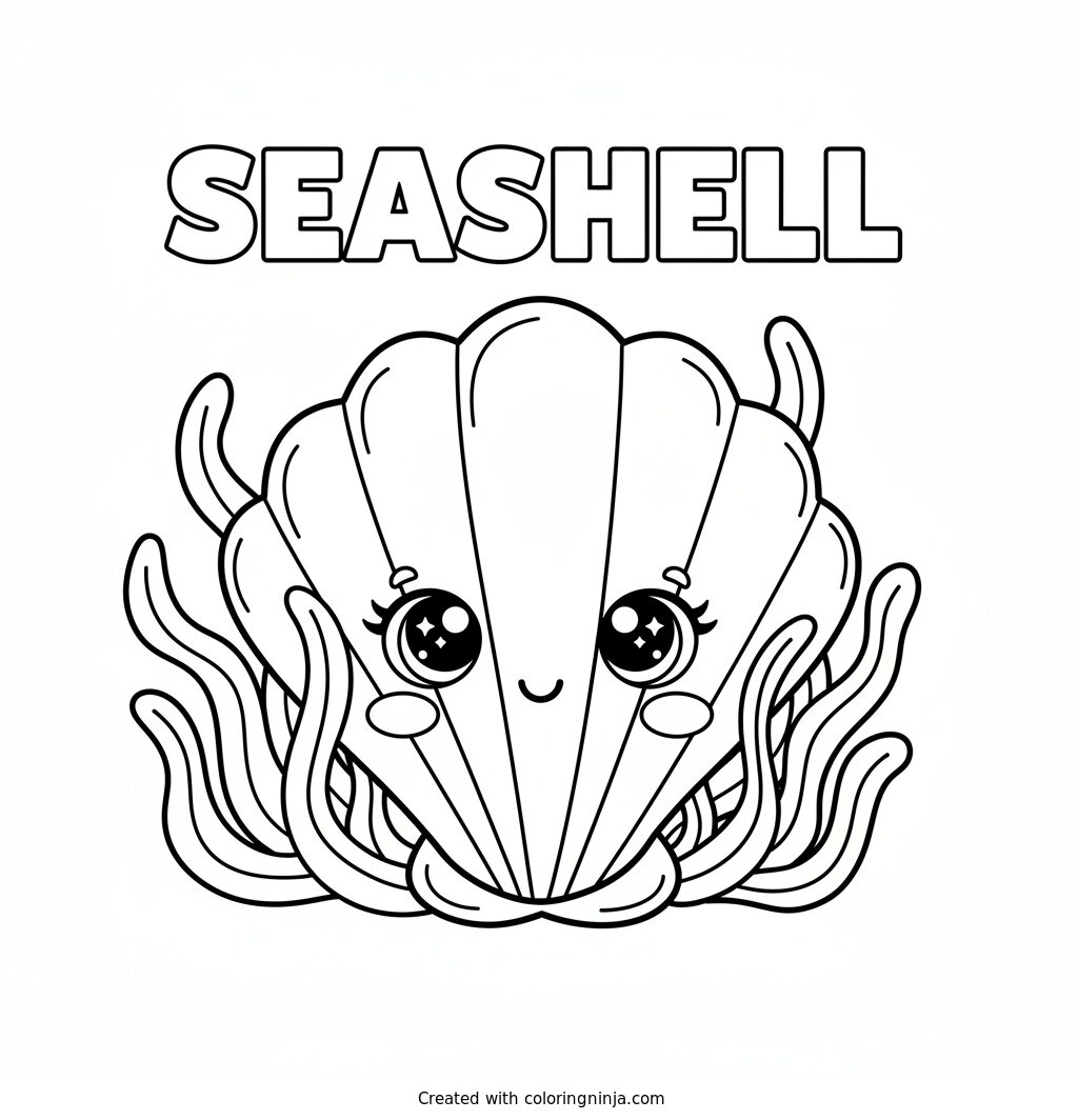 A Friendly Seashell with Seaweed Coloring Page