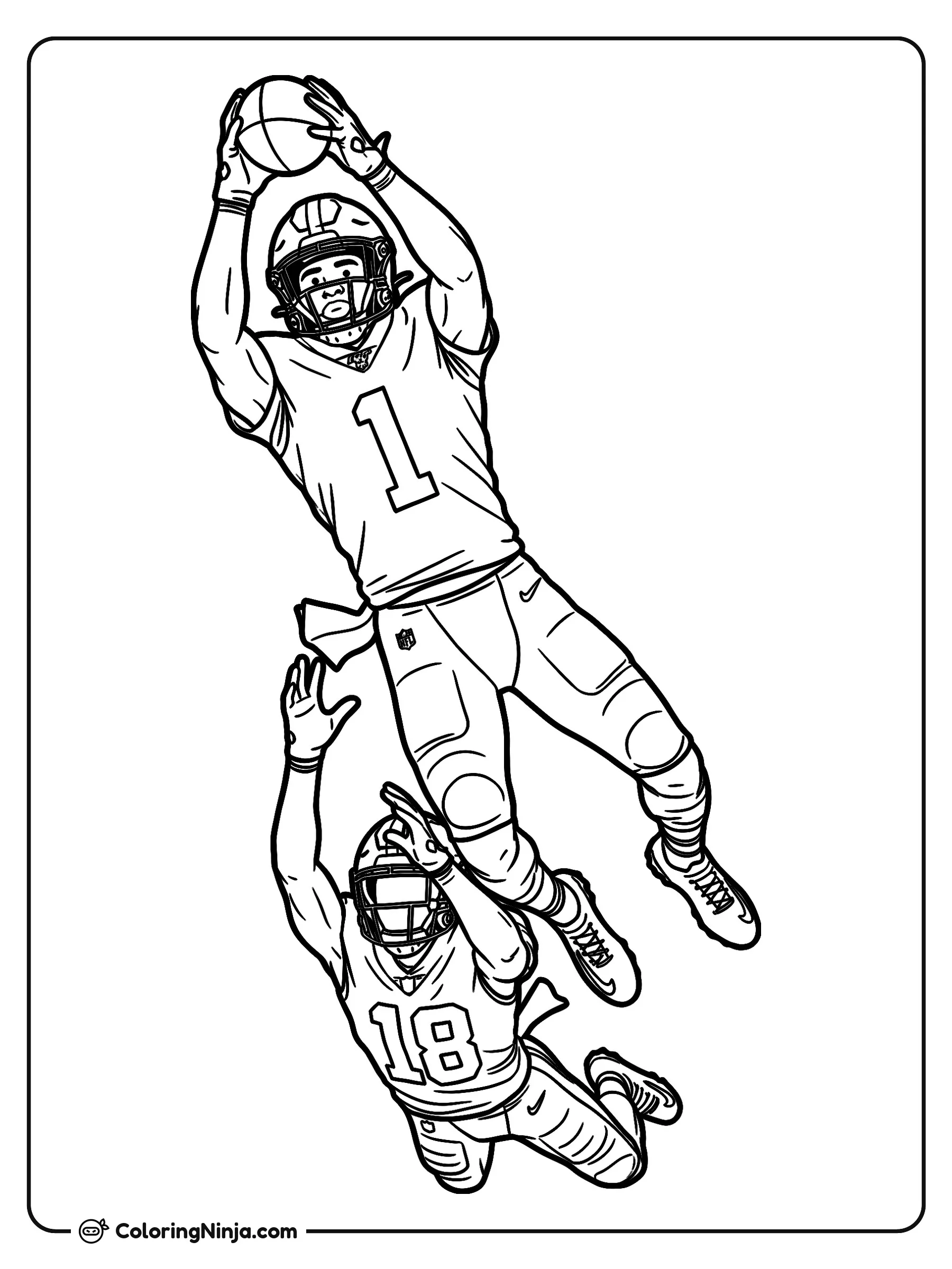 Gran atrapada en el aire de Malik Nabers, dibujo para colorear: El jugador de fútbol americano Malik Nabers salta muy alto con el número 1 para atrapar el balón con ambas manos.