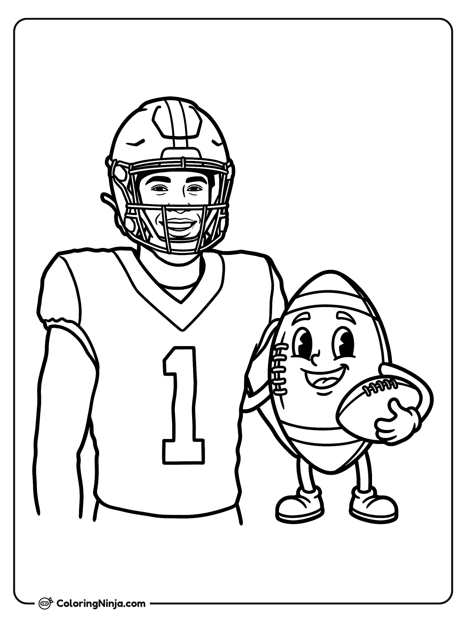 Malik Nabers y Balón de Fútbol Animado, dibujo para colorear: Malik Nabers sonríe vistiendo su uniforme de fútbol americano con casco y el número uno en el jersey.
