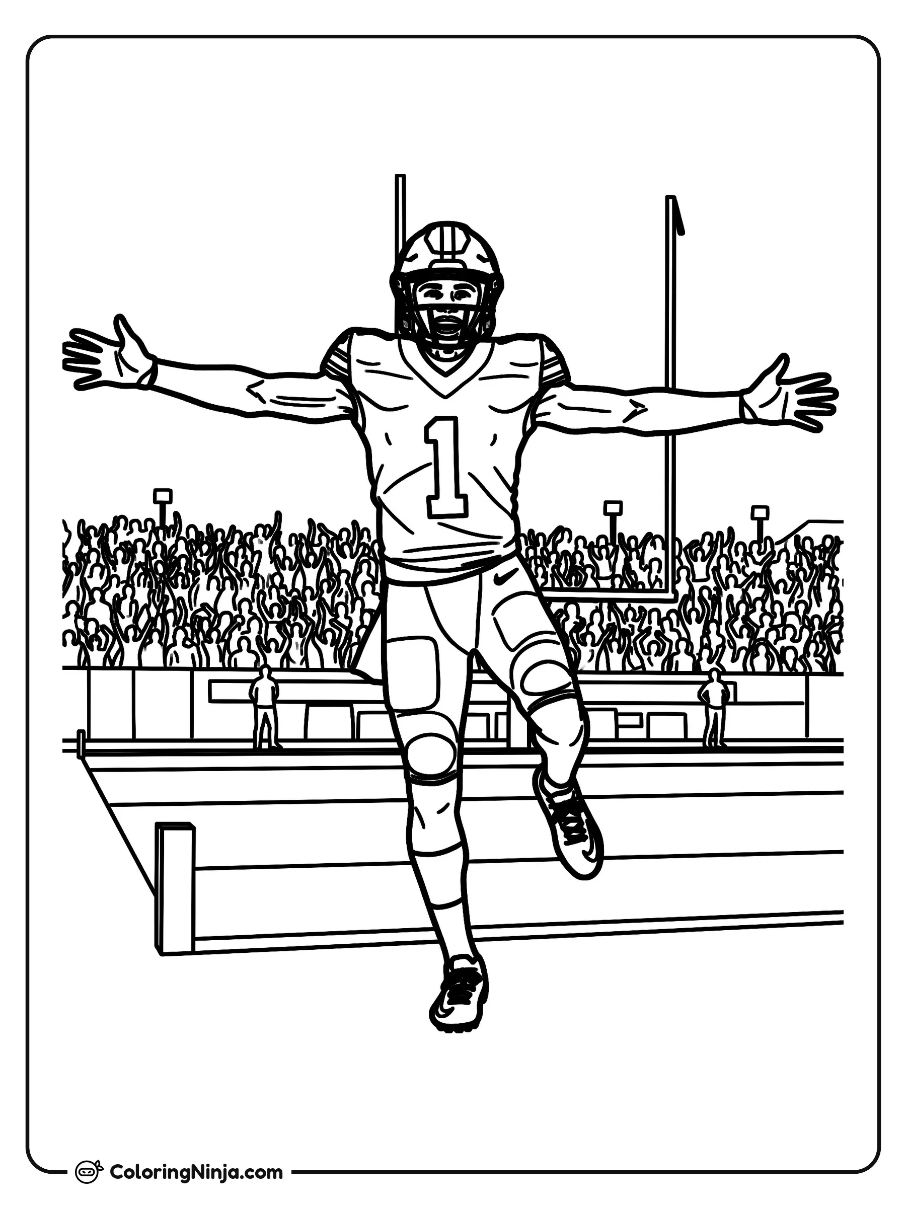 Celebración de touchdown de Malik Nabers, dibujo para colorear: El jugador de fútbol americano Malik Nabers celebra un touchdown en la zona de anotación con los brazos abiertos.