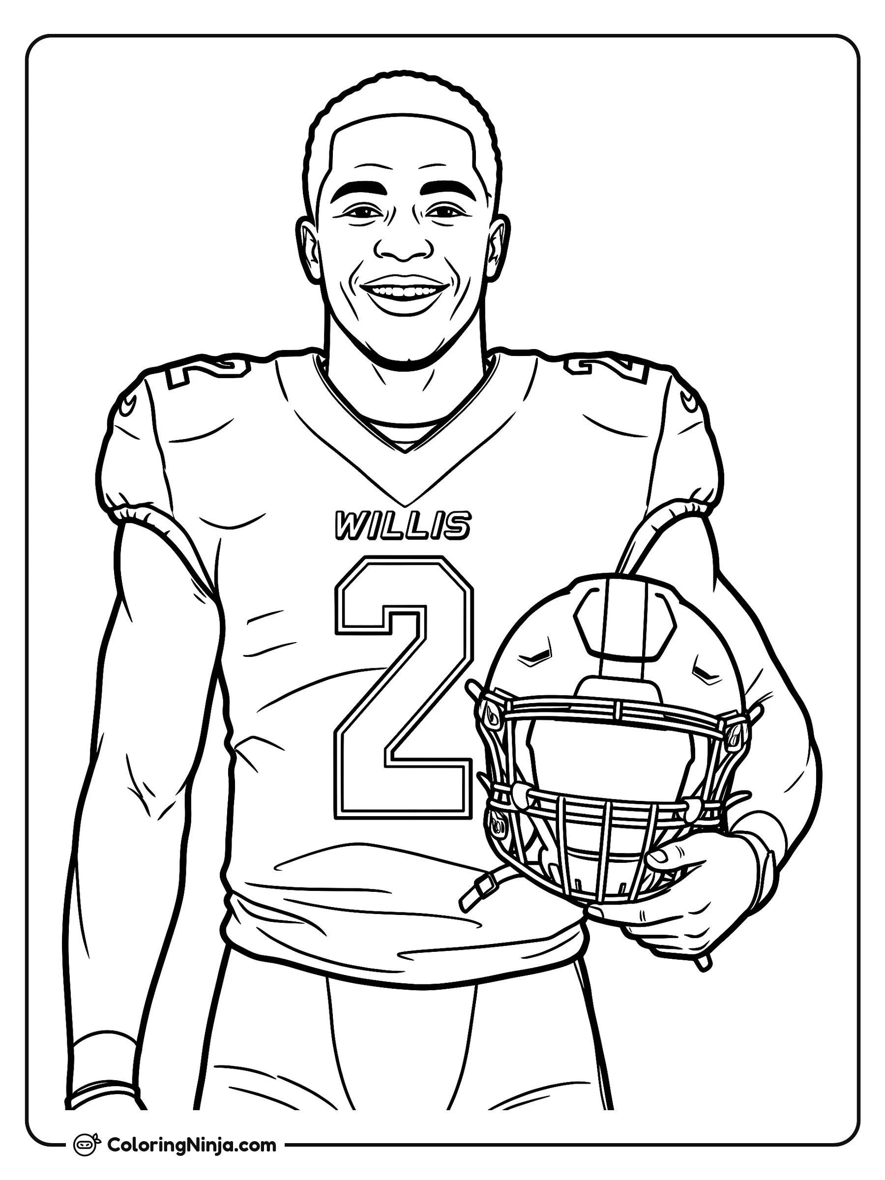 Malik Willis con su casco bajo el brazo, dibujo para colorear: El jugador de fútbol americano Malik Willis posa sonriente con su jersey número dos. Lleva su casco sujeto de forma segura bajo el brazo después de un partido o entrenamiento.