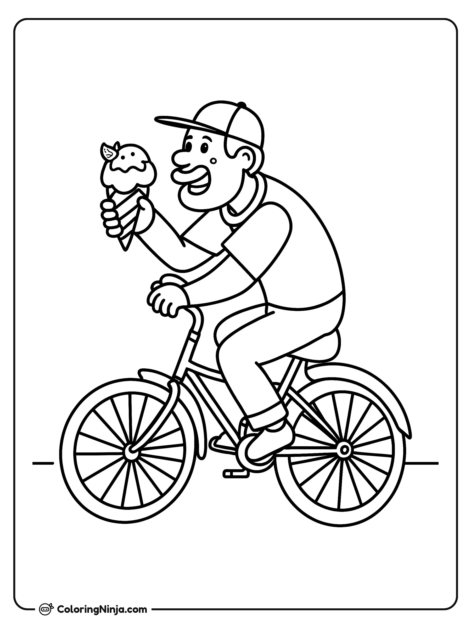 Paseo en bicicleta con un helado, dibujo para colorear: Una persona sonriente con gorra y playera maneja su bicicleta por la calle mientras sostiene un gran cono de helado decorado con fruta.
