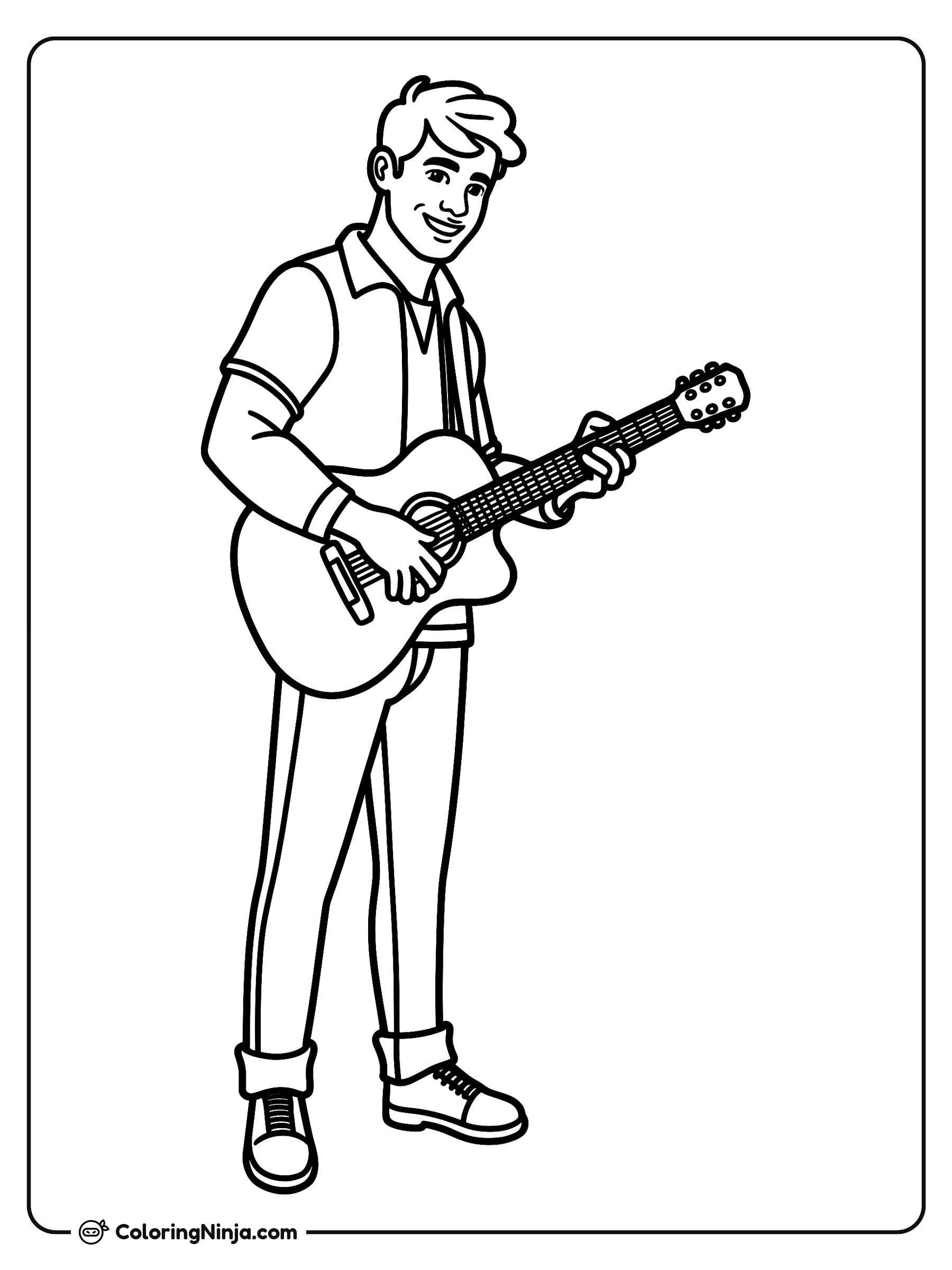 Un hombre joven con guitarra, dibujo para colorear: Un hombre joven sonríe mientras sostiene una guitarra acústica entre sus manos. Viste una camisa de manga corta sobre una camiseta, pantalones casuales y zapatos.