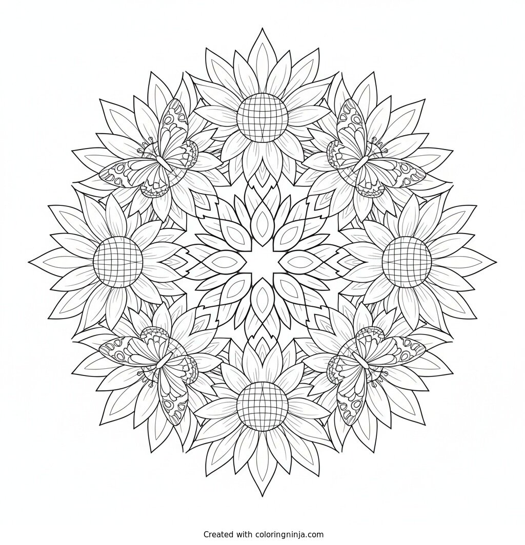 Mandala with Sunflowers and Butterflies Coloring Page