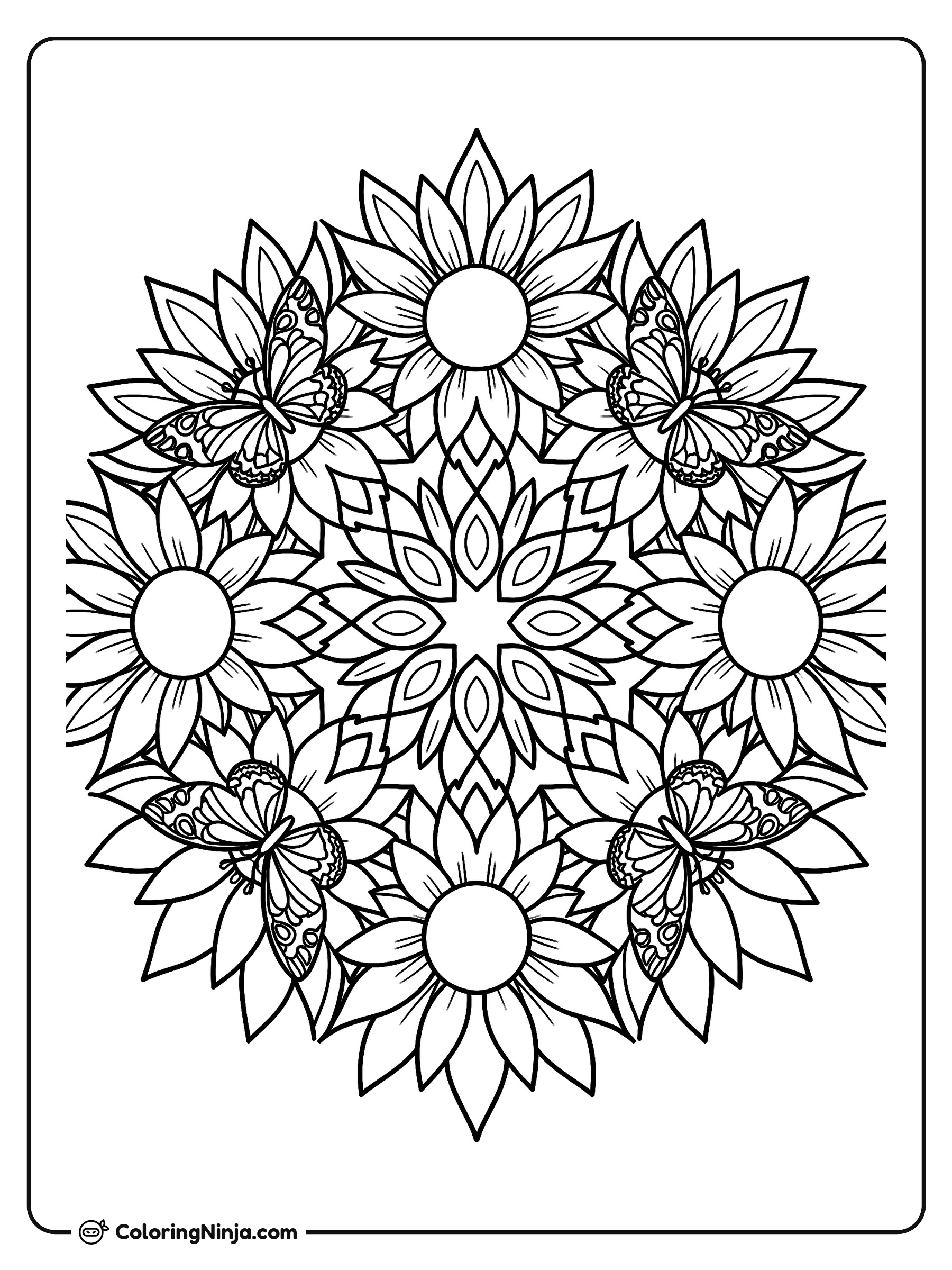Mándala de girasoles y mariposas: dibujo para colorear
