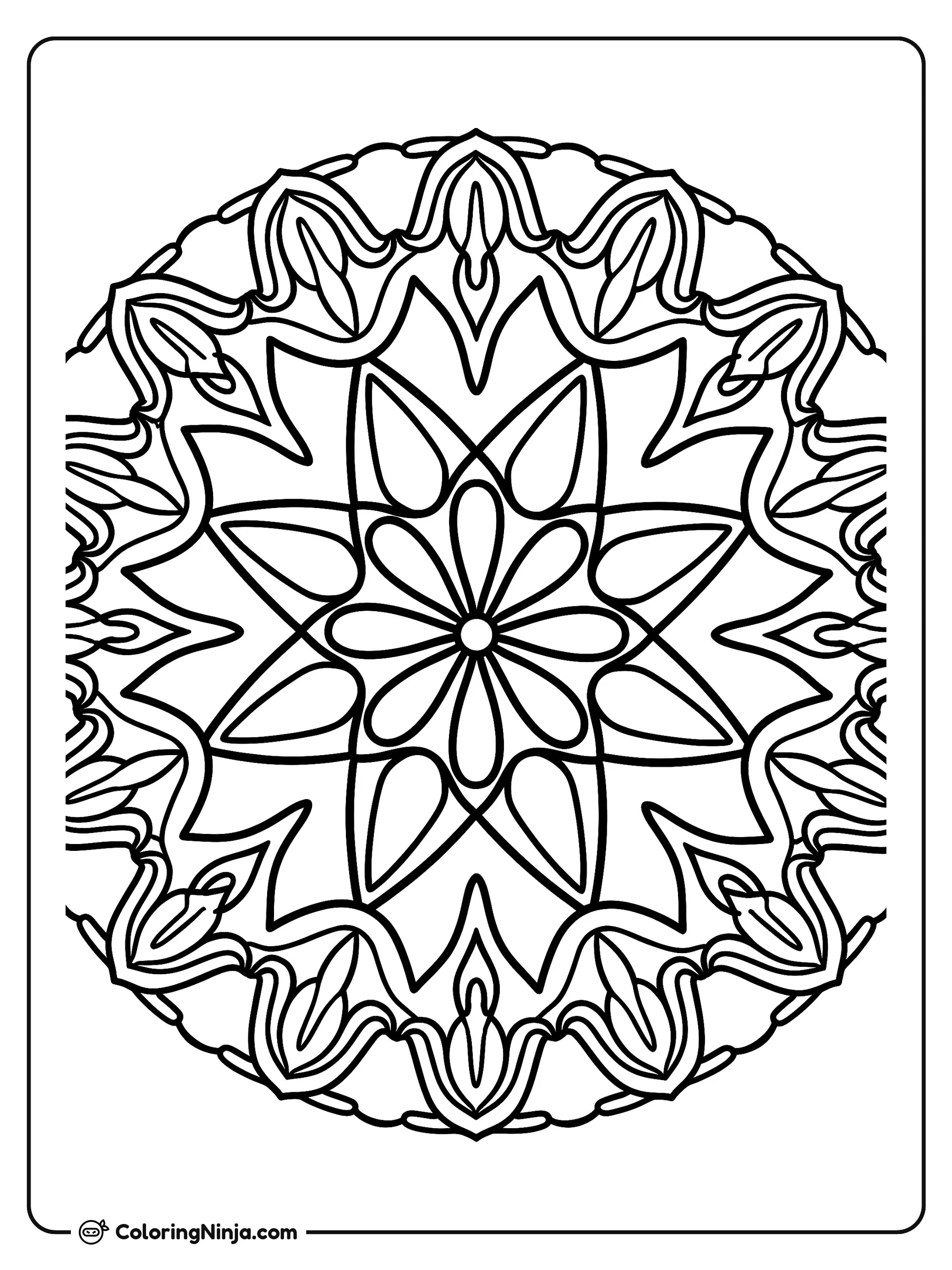 Un mandala geométrico y floral, dibujo para colorear: Este mandala presenta un diseño circular centrado en una flor rodeada de pétalos, puntas de estrella y formas geométricas.