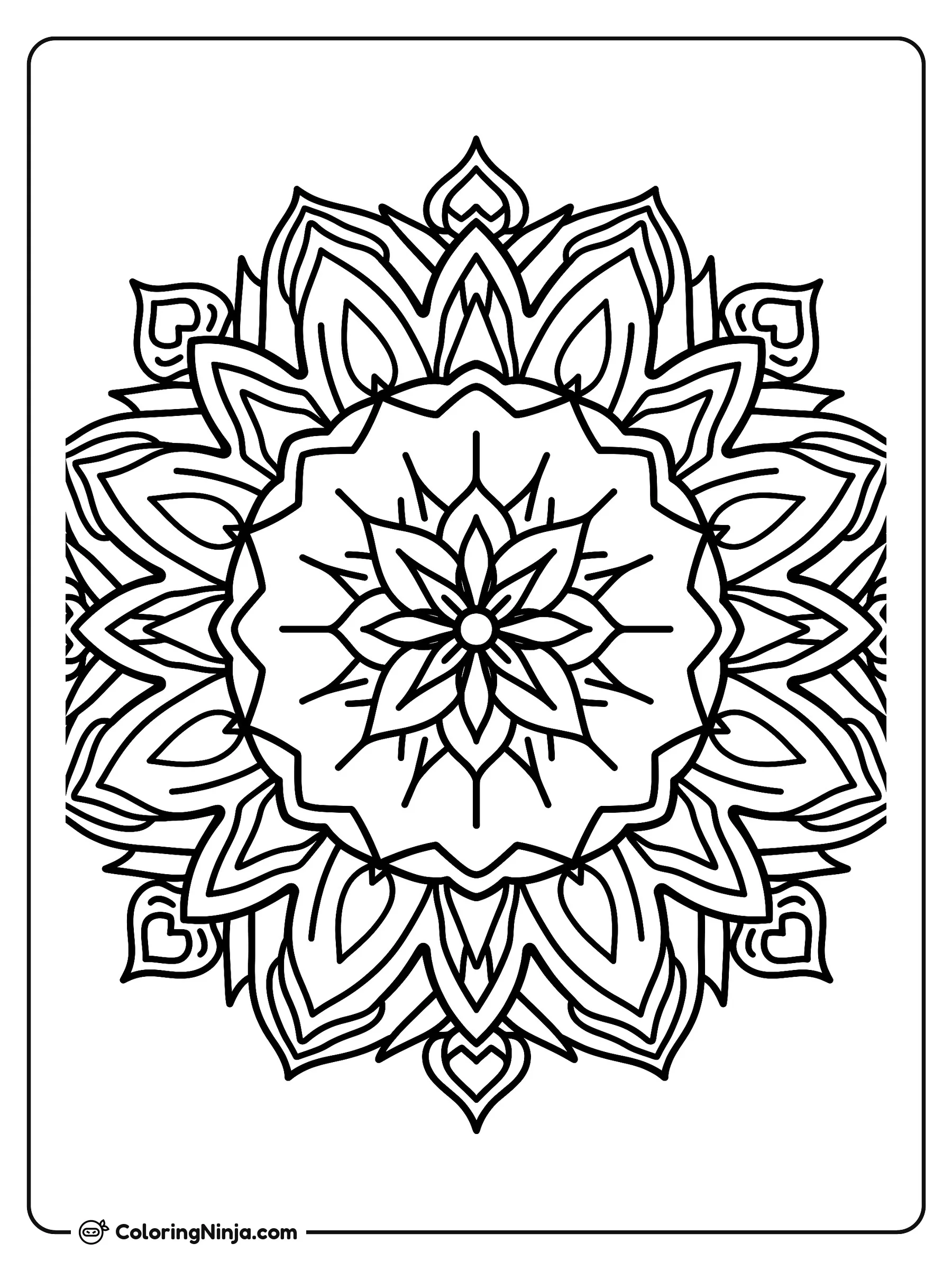 Mandala simétrico con flores y patrones geométricos, dibujo para colorear: Un mandala circular y simétrico muestra capas de patrones florales y pétalos puntiagudos que se extienden desde una flor central.