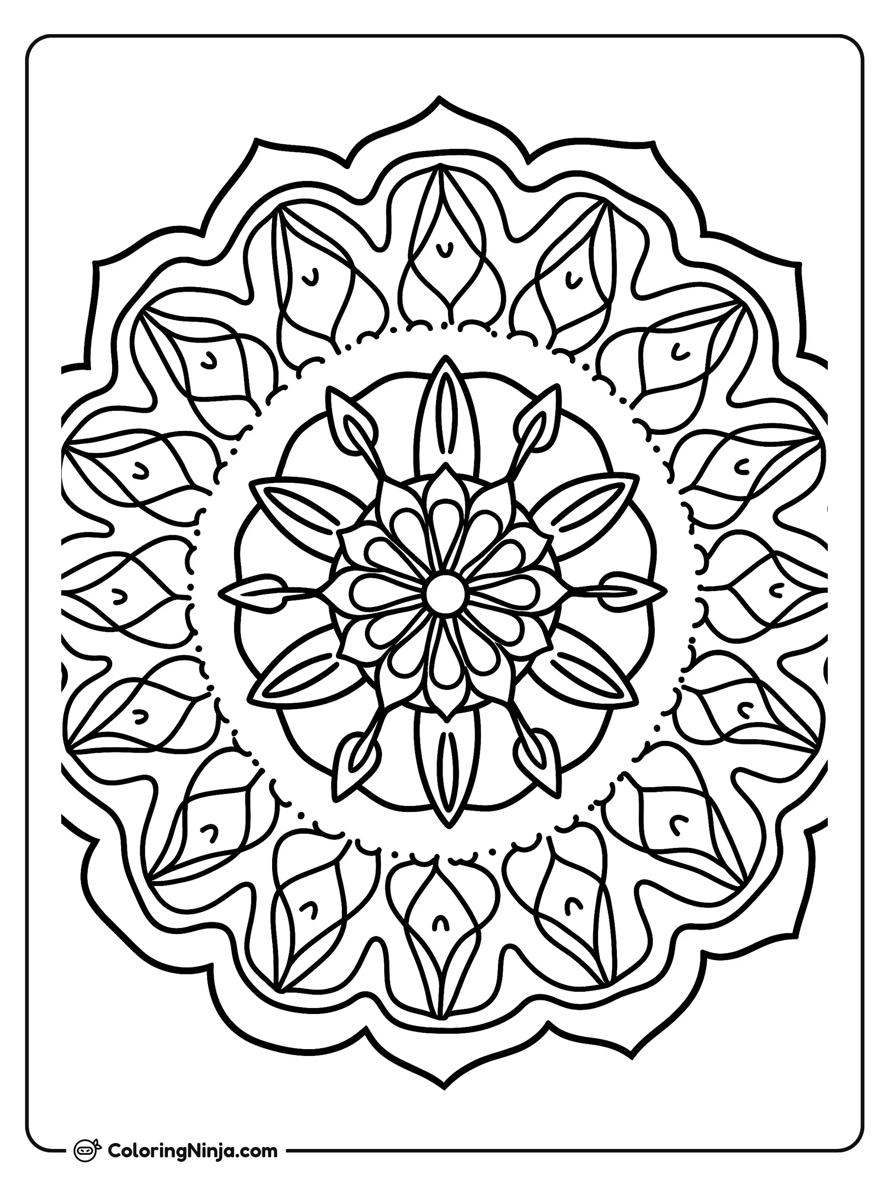 Mandala Floral Circular Detallado, dibujo para colorear: Un intrincado patrón de mandala floral circular se despliega desde una flor central en flor.