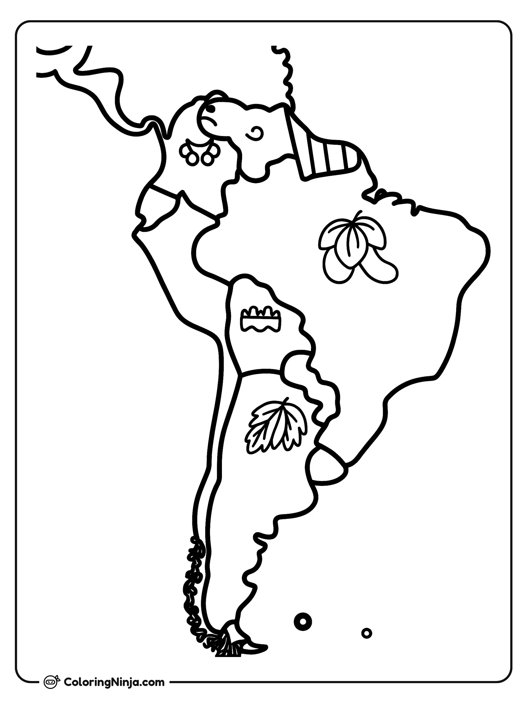 Mapa de Sudamérica con animales y símbolos, dibujo para colorear: Un divertido mapa de América del Sur muestra las fronteras entre países junto con hojas, símbolos regionales y la cabeza de una simpática llama.