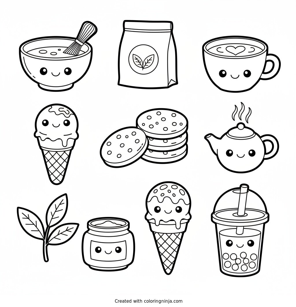 Cute Matcha Treats and Drinks Coloring Page