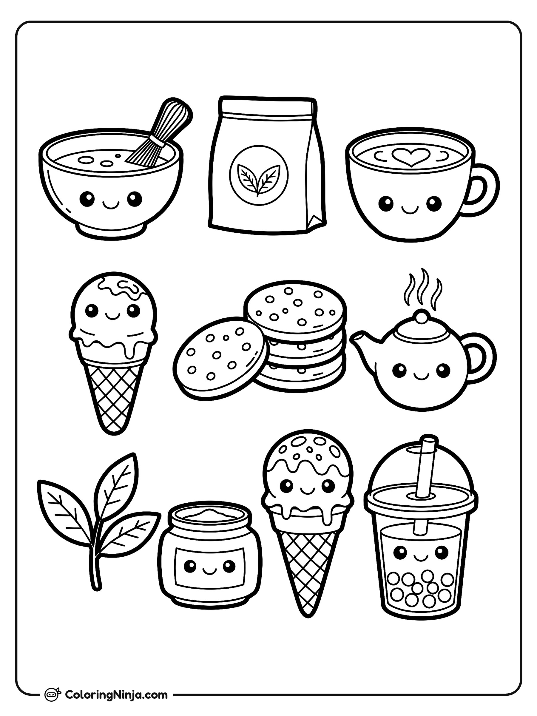 Postres y Bebidas Sonrientes de Matcha: dibujo para colorear