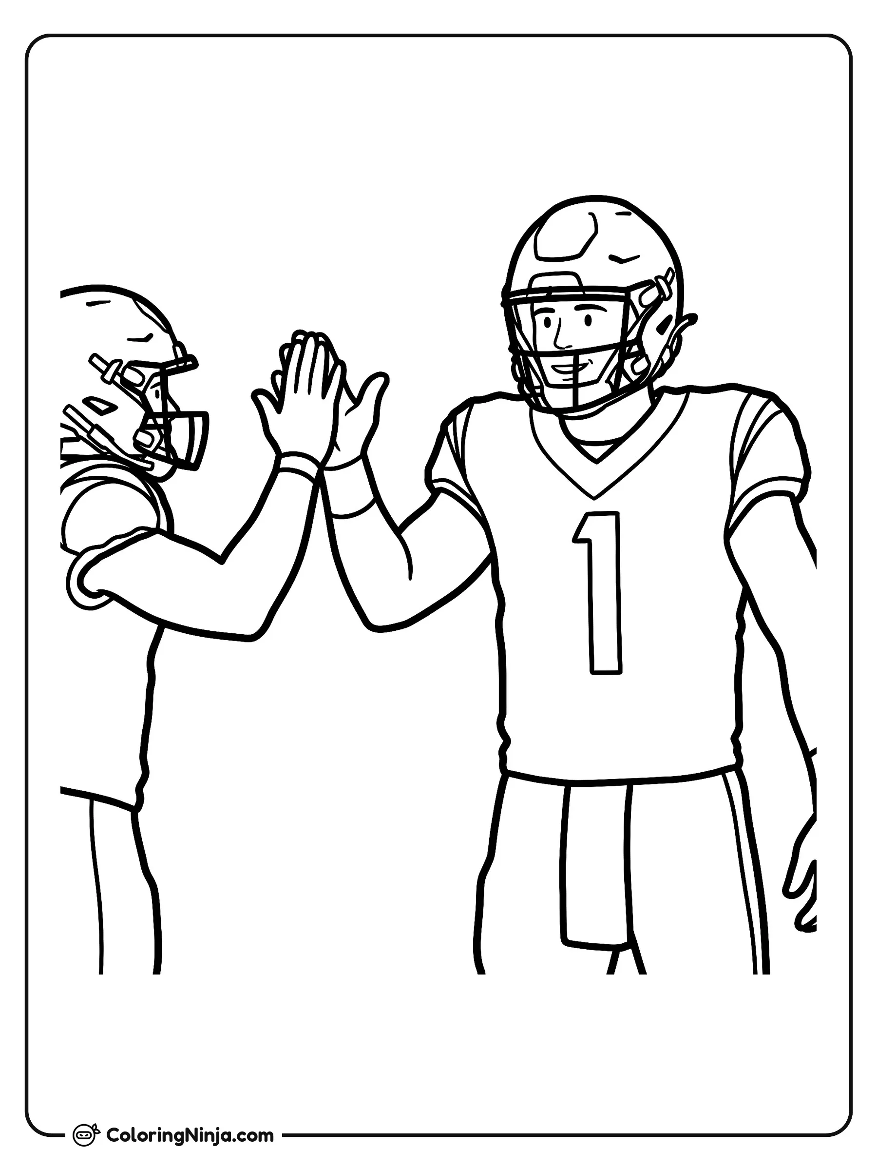 Chocando los cinco con Matthew Stafford, dibujo para colorear: Matthew Stafford sonríe mientras choca los cinco con un compañero de equipo en el campo de fútbol americano.