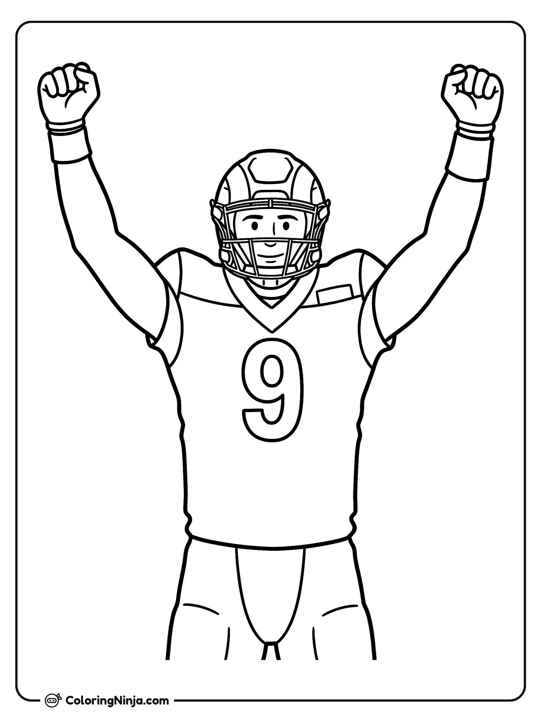 Celebración de touchdown de Matthew Stafford, dibujo para colorear: Matthew Stafford celebra un touchdown levantando ambos brazos con los puños cerrados.