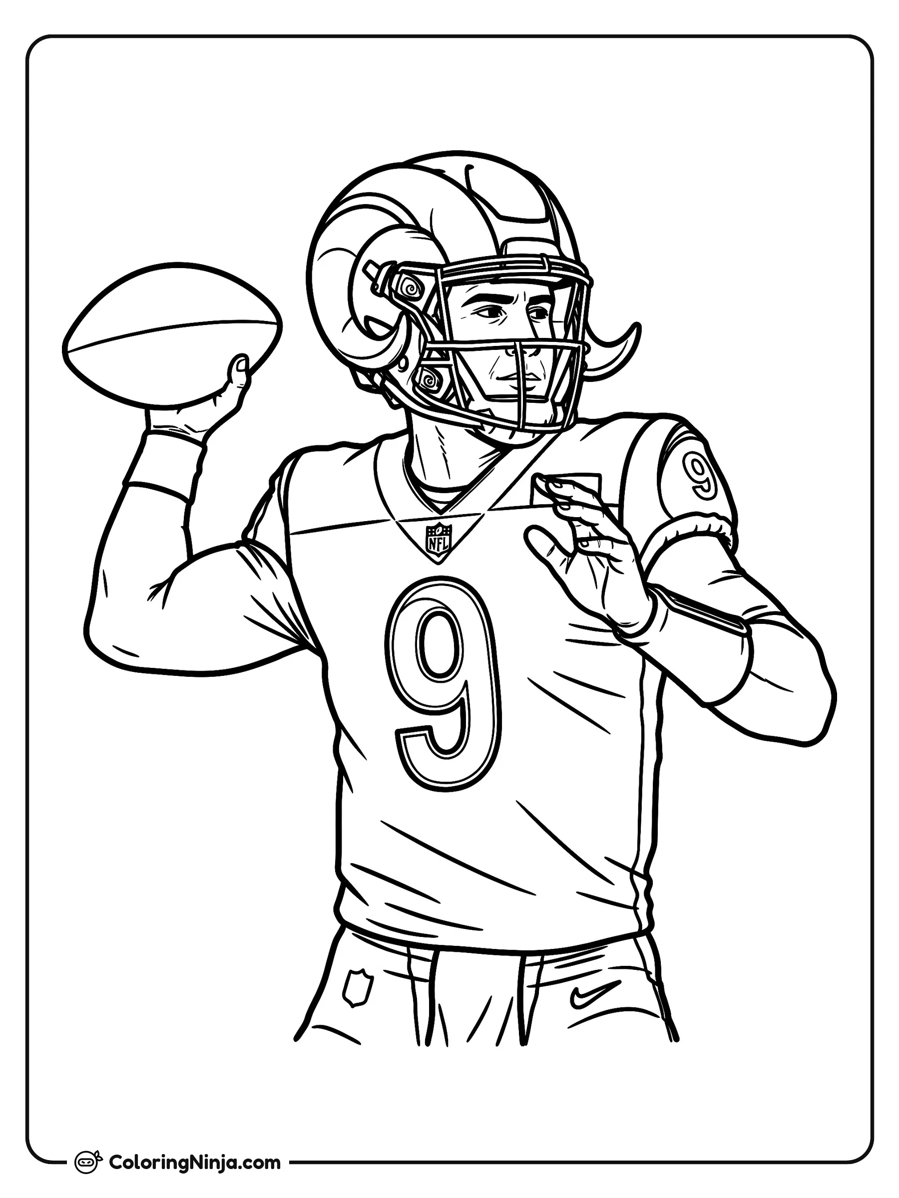 Matthew Stafford lanza un pase largo, dibujo para colorear: Matthew Stafford viste su uniforme de fútbol americano y casco con cuernos de carnero mientras se prepara para lanzar un pase largo.