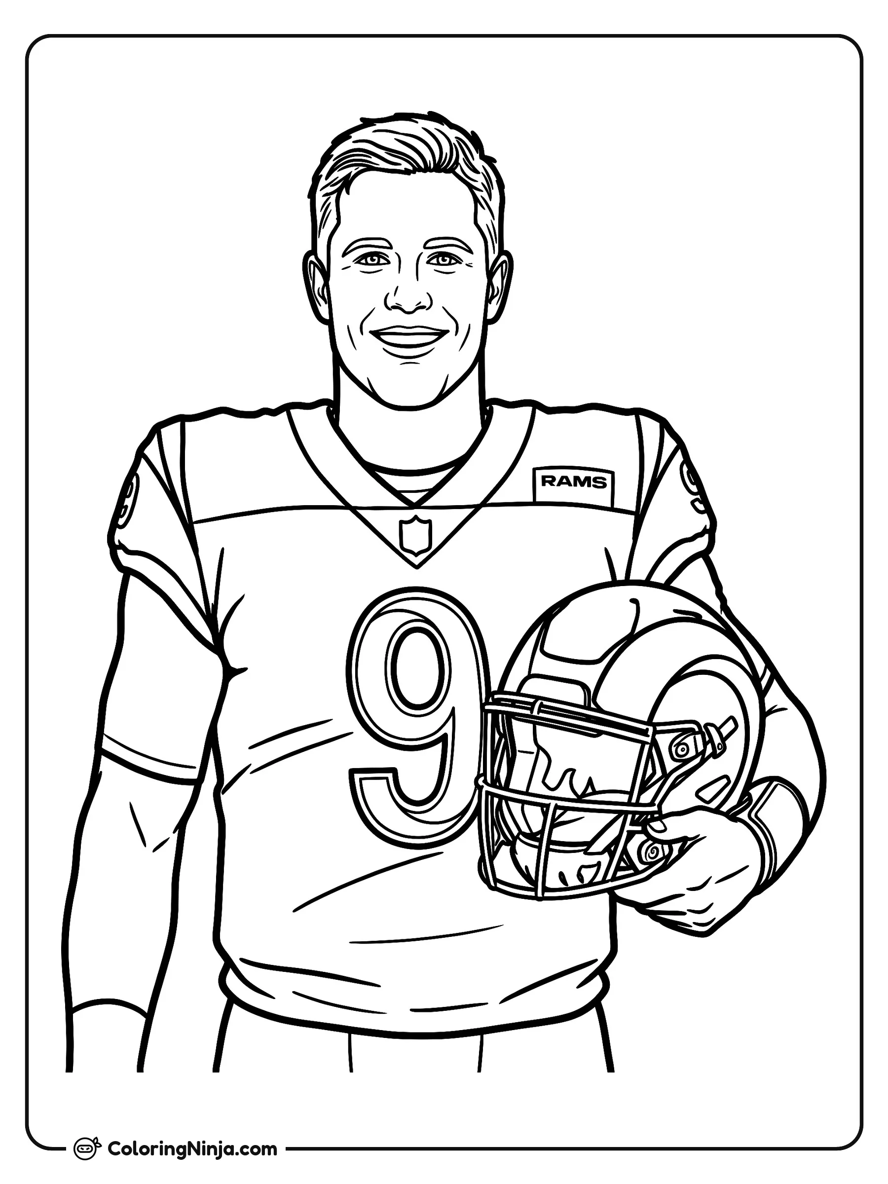 Retrato de victoria de Matthew Stafford, dibujo para colorear: Matthew Stafford sonríe confiado en el campo de fútbol americano con el uniforme de su equipo. Lleva el número nueve en su camiseta y sostiene su casco firmemente bajo el brazo.