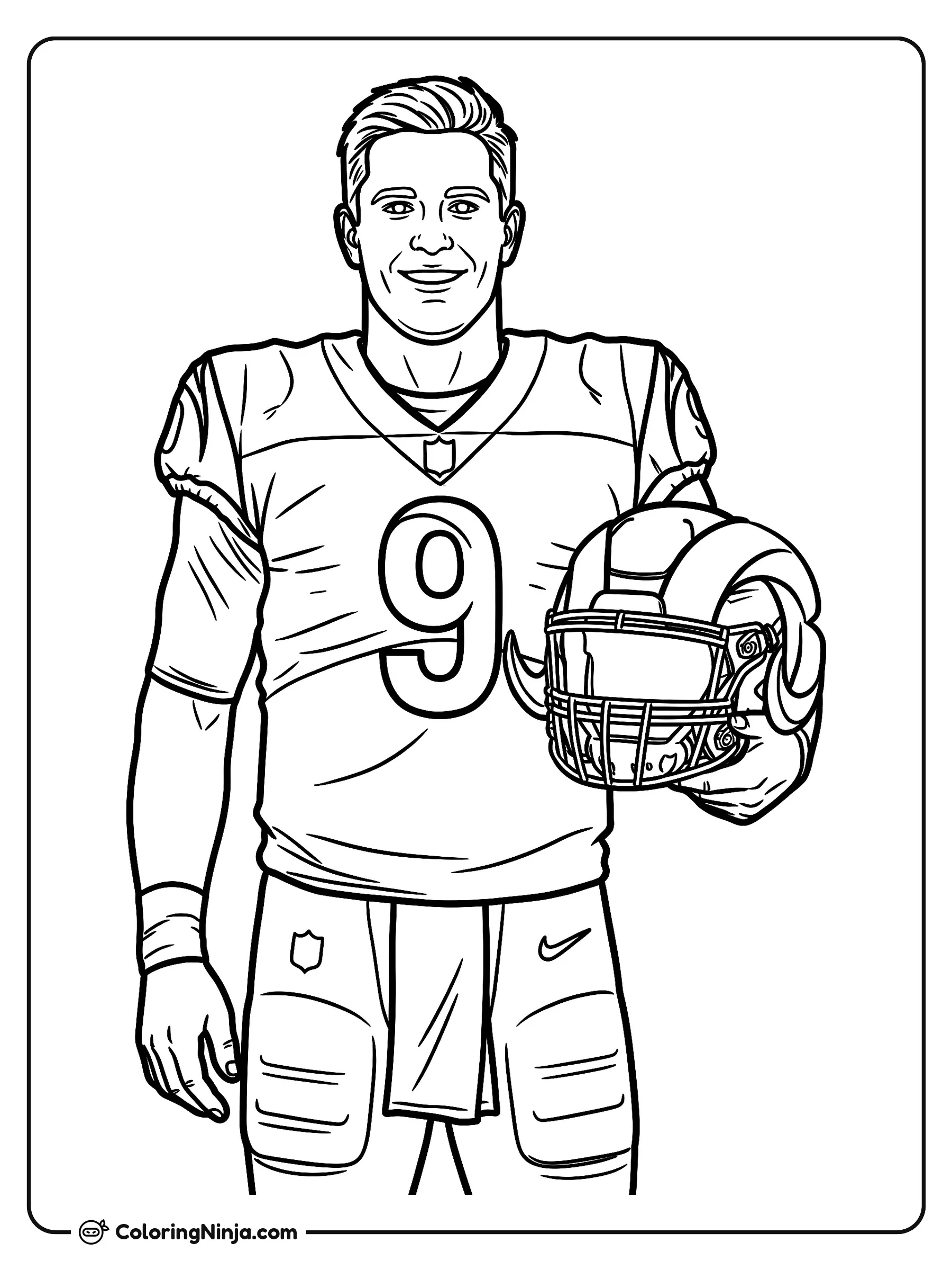 Retrato de Matthew Stafford con casco, dibujo para colorear: Matthew Stafford sonríe con su uniforme de fútbol americano mientras sostiene su casco debajo del brazo. Luce su jersey con el número nueve, pantalones afelpados y muñequeras.