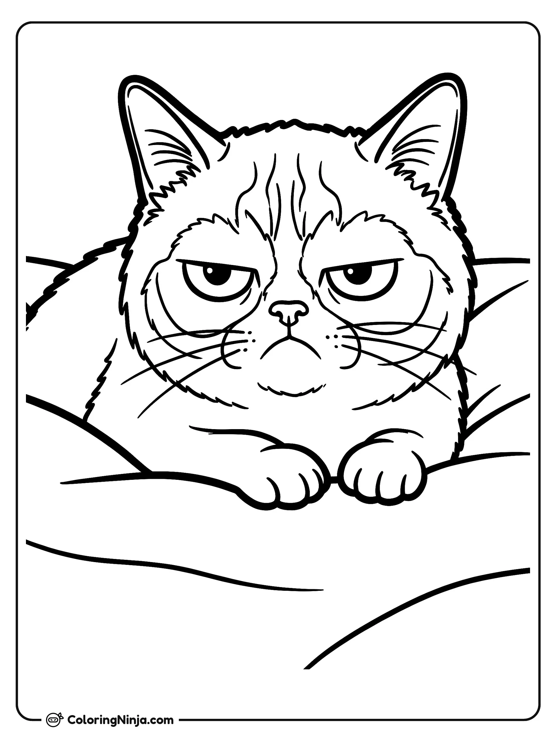 El famoso meme de Grumpy Cat, dibujo para colorear: El famoso gato Grumpy Cat descansa cómodamente sobre un suave cojín, mirando al frente con su clásico ceño fruncido y ojos entrecerrados.