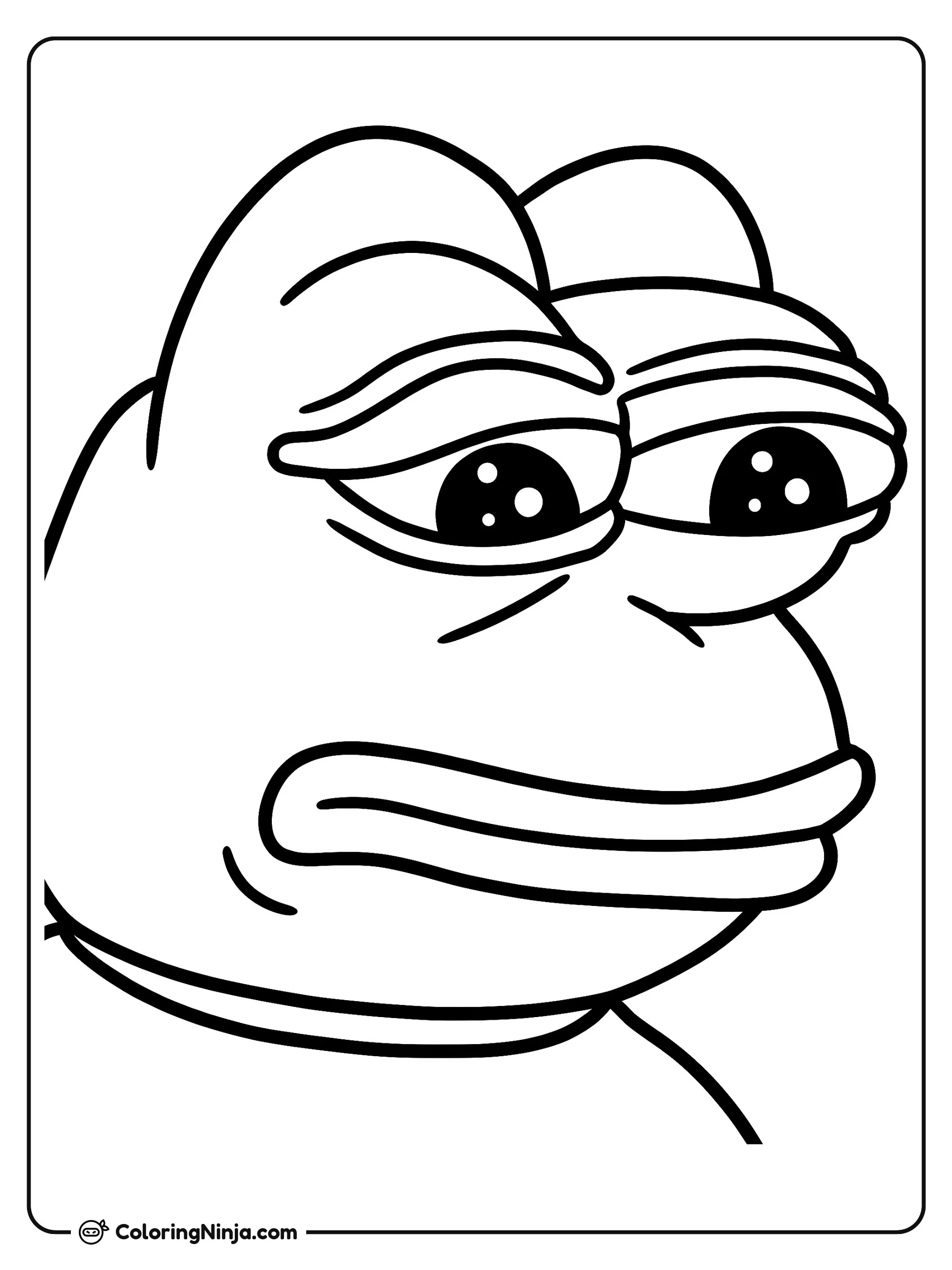 El meme de Pepe the Frog, dibujo para colorear: El meme de Pepe the Frog se muestra en un plano de cerca, orientado de lado con ojos grandes y brillantes y una expresión relajada.