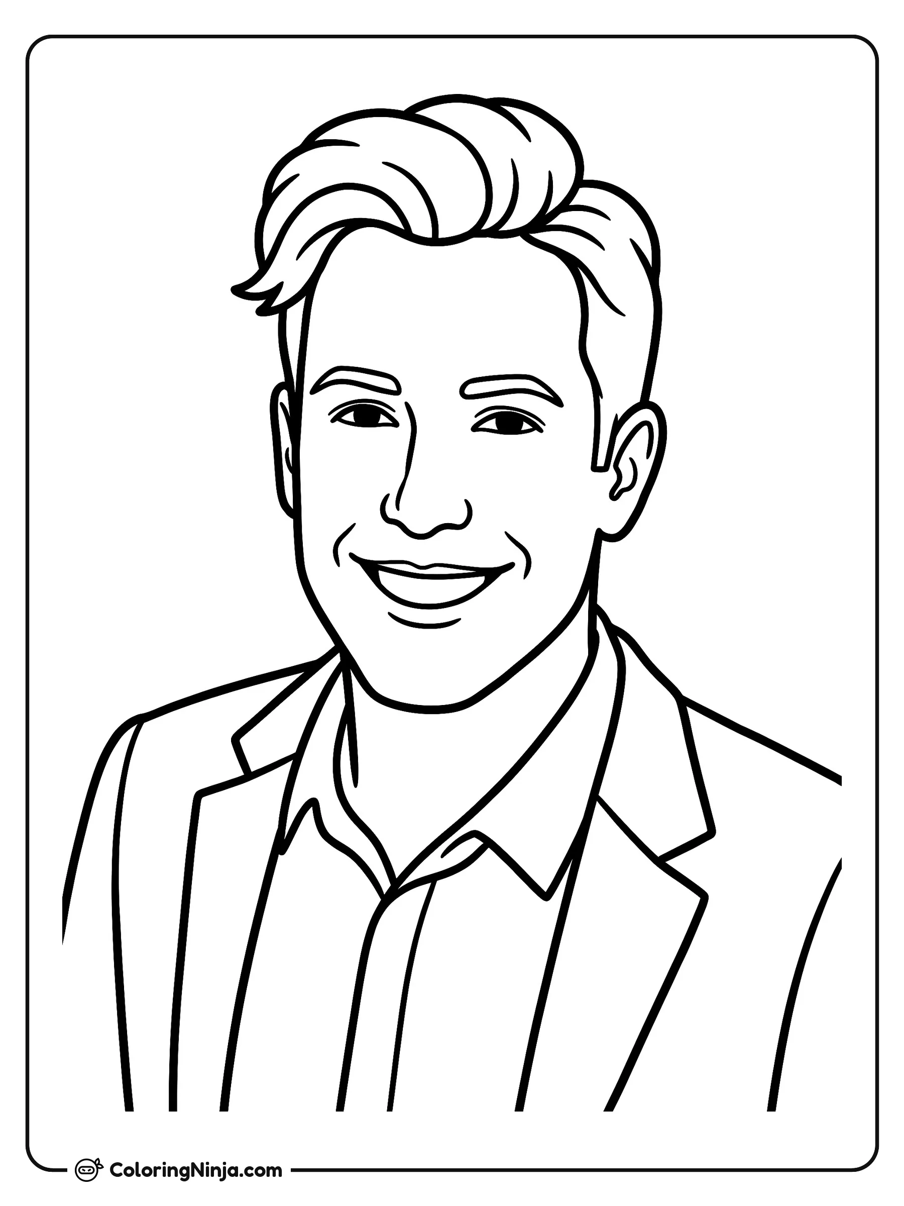 Hombre sonriente con traje, dibujo para colorear: Un hombre sonriente vestido con un saco elegante mira hacia al frente con una expresión amable. Lleva una camisa de cuello debajo de la chaqueta en un retrato sencillo y claro.