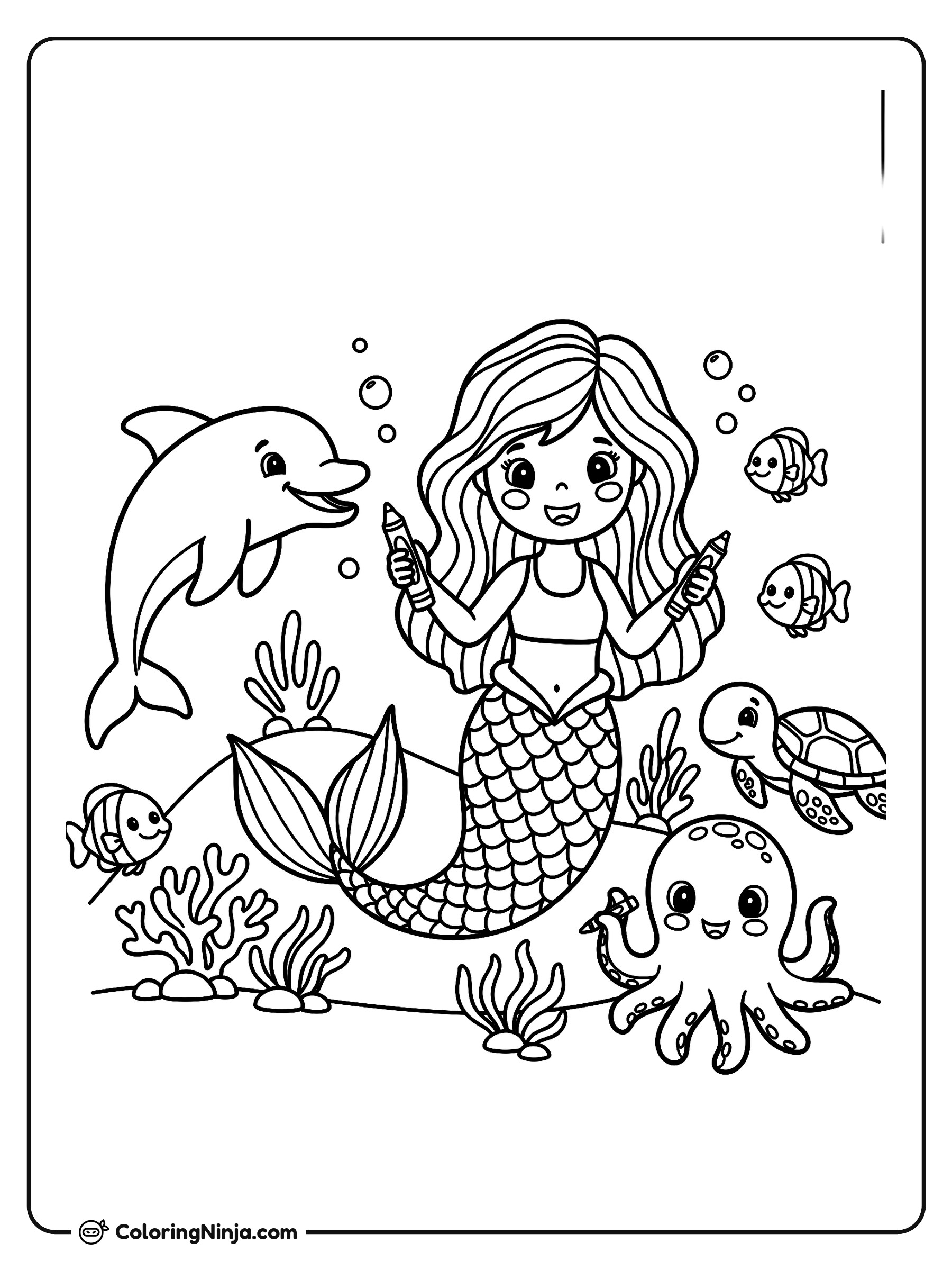Sirena y sus amigos del océano: dibujo para colorear